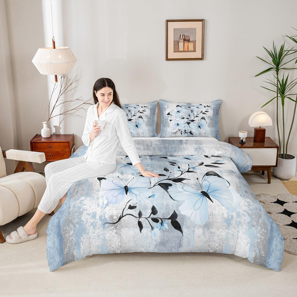 Erosebridal Blue Butterfly Queen Comforter Set Butterflies Wild Flying Animals Bedding Set Abstract Oil Painting Bed Set Watercolor Rustic Farmhouse Quilt Set Ombre Blue Grey Design for Adults
