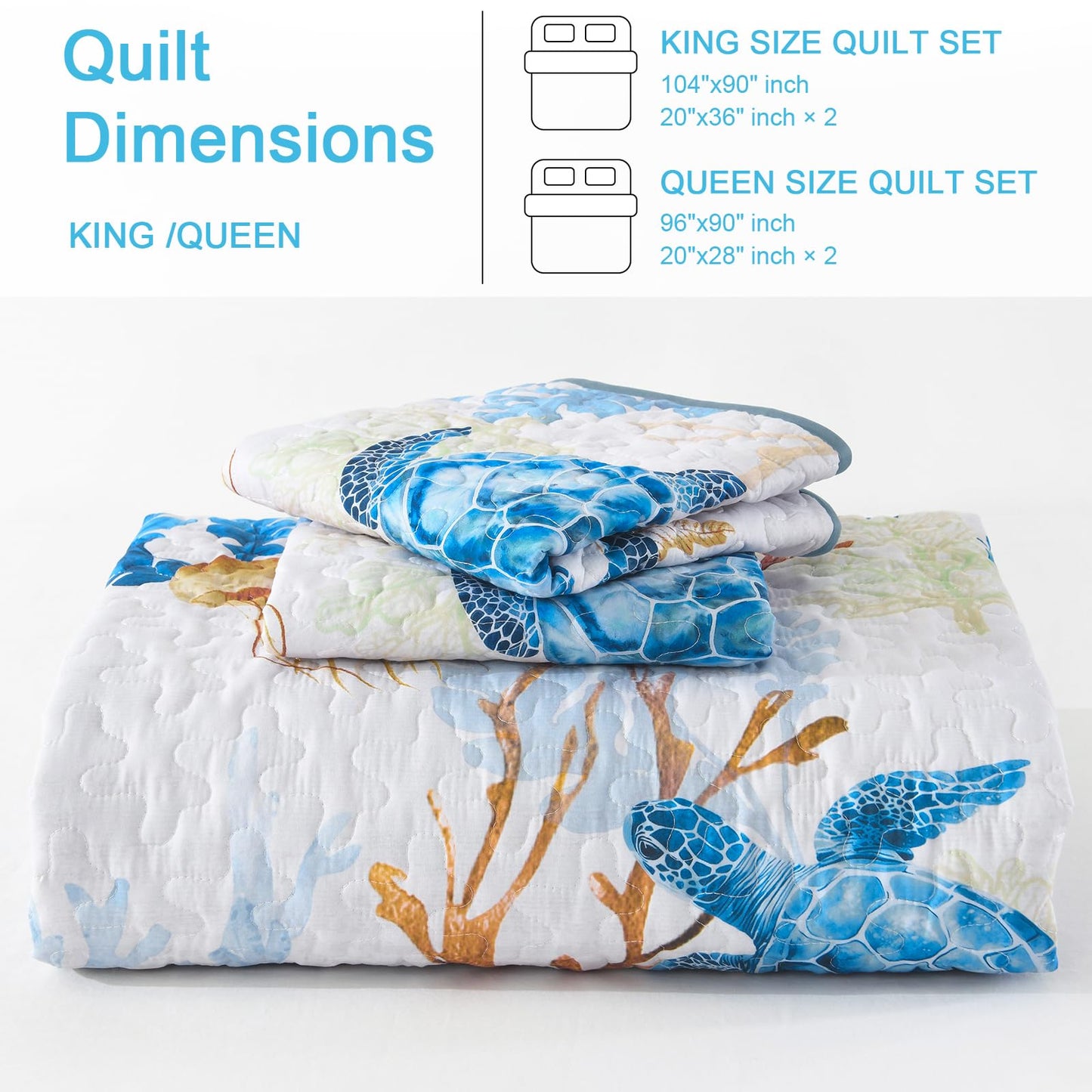 DJY Coastal Quilt Set King Size 3 Piece,Summer Beach Bedspread Coverlet Lightweight Green Ocean Turtle Theme Bedding Set,All Season Reversible Microfiber Thin Bed Set with Shams 110"×90"