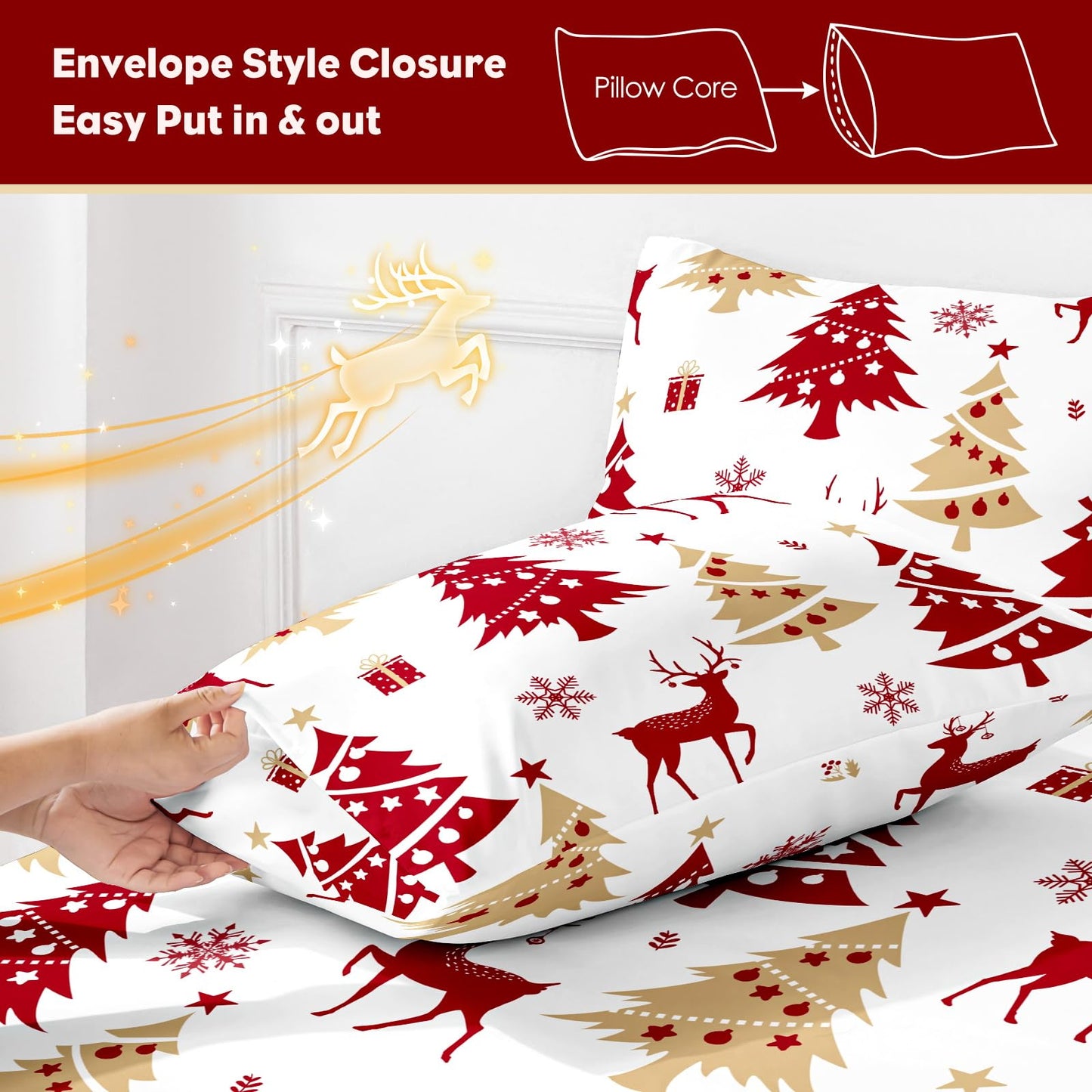 HCORA Christmas King Size Sheets Set, Luxury 1800TC Hotel Quality Double Brushed Microfiber Deep Pocket Bed Sheets, Ultra Soft, Breathable, 4PC, King