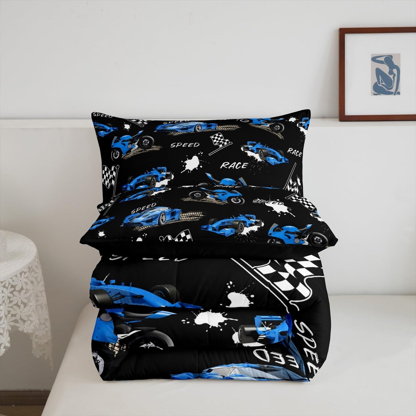 Feelyou Kids Blue Black Race Car Comforter Set Twin Size, Speed Sports Car Bedding Set Boys Girls Dirt Bike Motocross Comforter Racing Car Teens Duvet Set Bedroom Decor 2Pcs