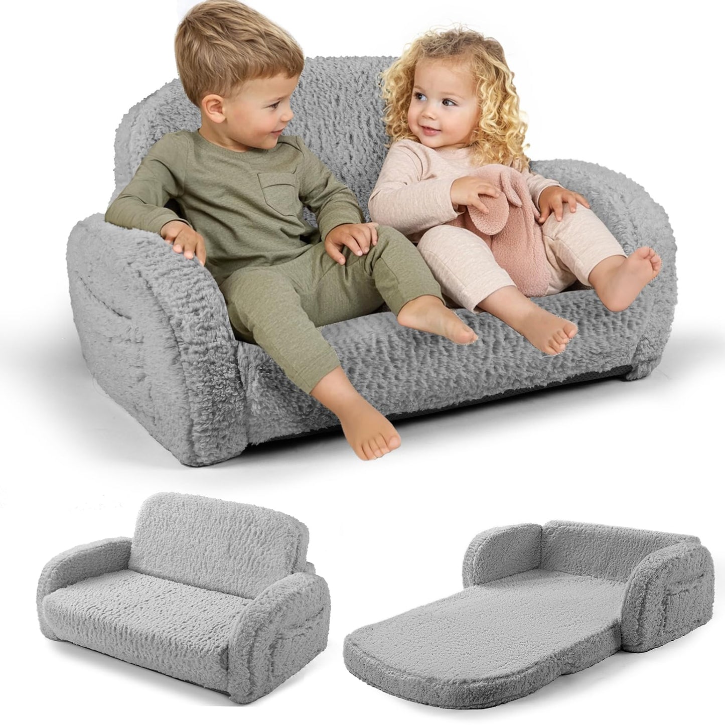 little dove 2-in-1 Sherpa Fold Out Kids Couch, Extra Wide Comfy Kid Chair, Convertible Kids Sofa, Foldable Kid Couch with High Density Foam for Boys & Girls, Gray