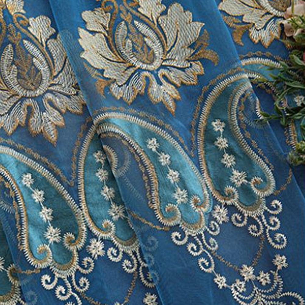 Amidoudou 1 Pair European Double Layer Curtains with Valances for Living Room Bedroom Luxury Embroidered Curtains (Blue,63x84 Inch)
