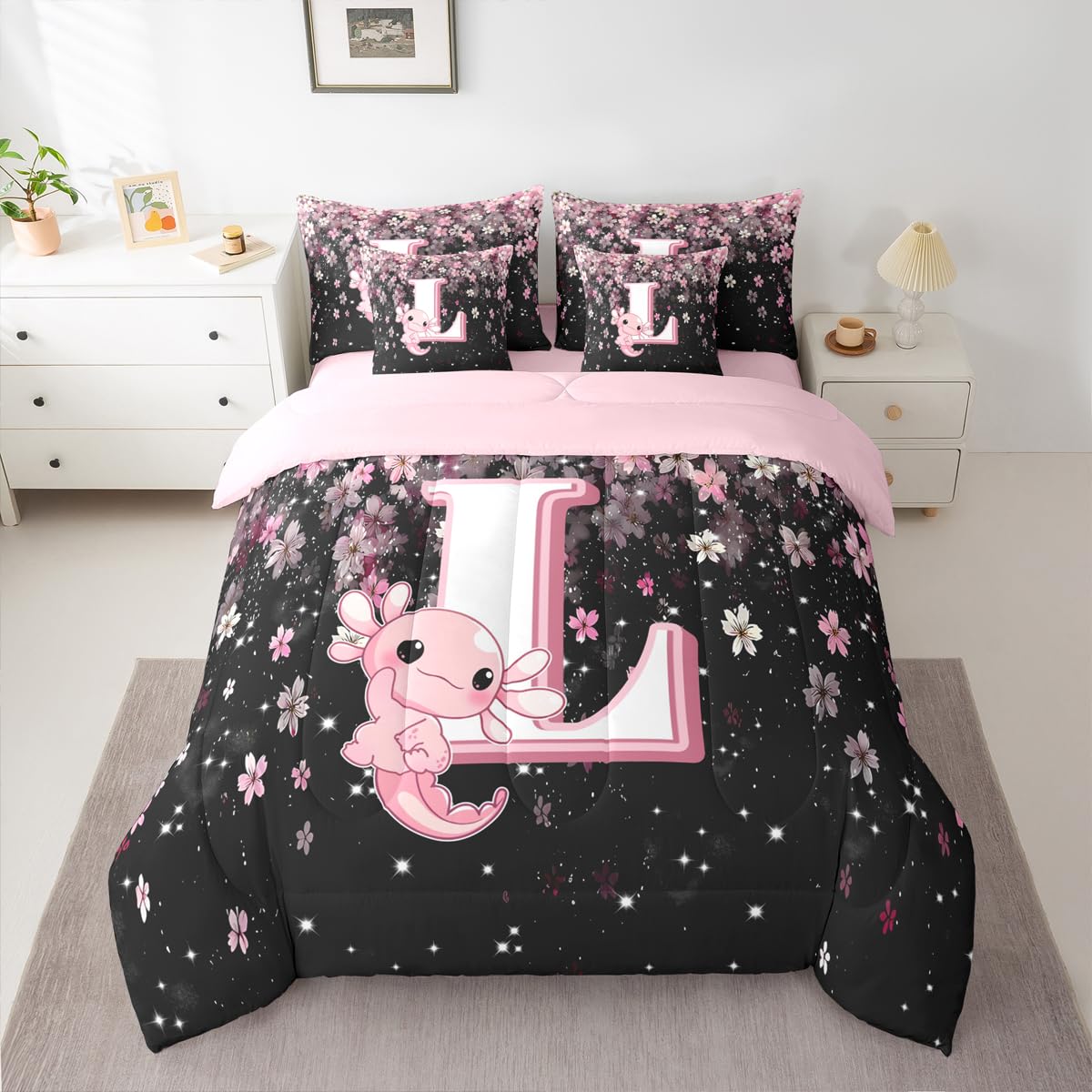 Erosebridal 7 Pieces Cute Letter Initial L Bedding Set Twin Size | Cute Axolotl Comforter Set with Sheets for Kids Girls Teens Pink and White Cherry Blossom Quilt Sets Kawaii Axolotl Bed in A Bag
