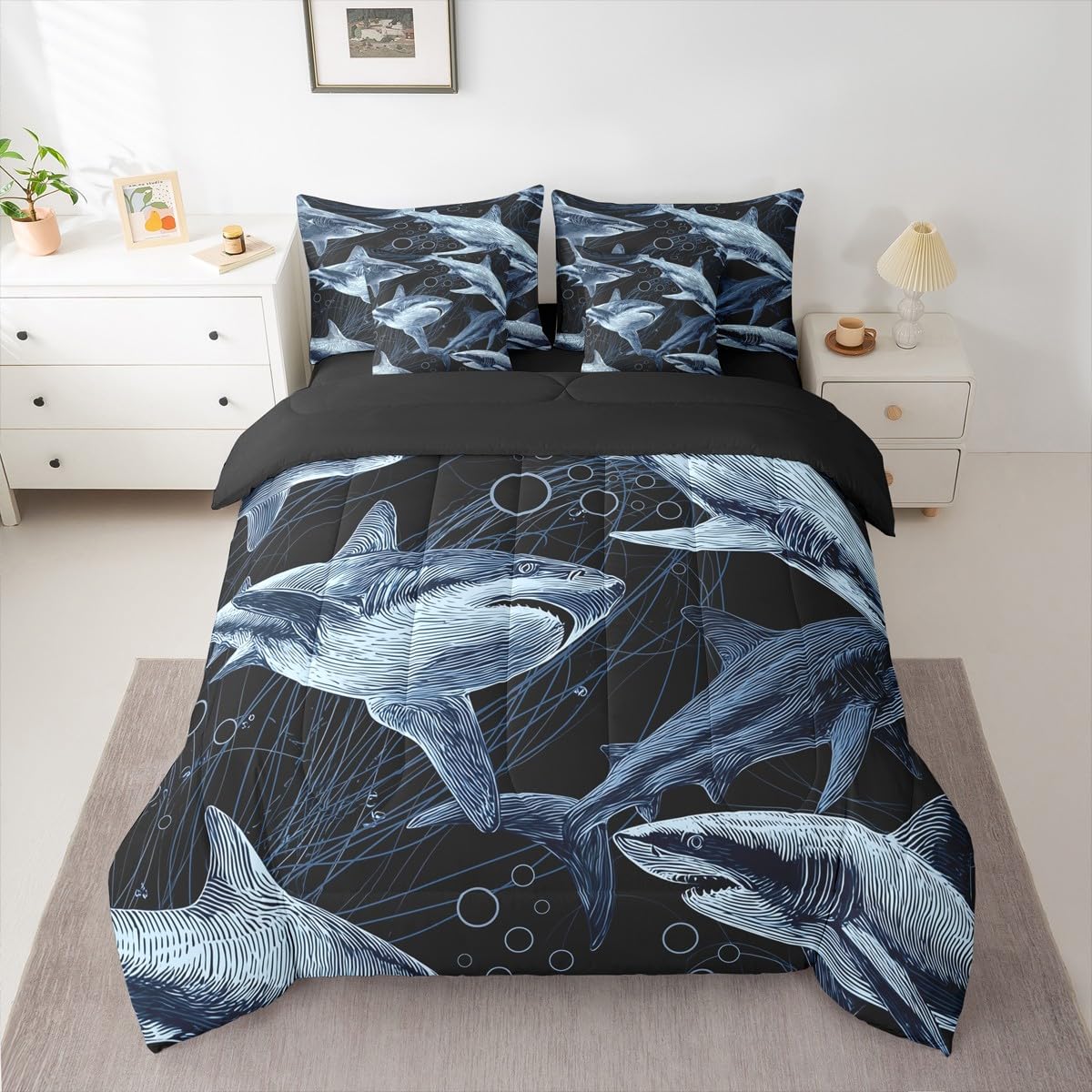 Erosebridal Shark Comforter Set Ferocious Shark Bed in A Bag Full Size 7 Pieces Underwater World Oasis Bed Set Sea Ocean Animal Bedding