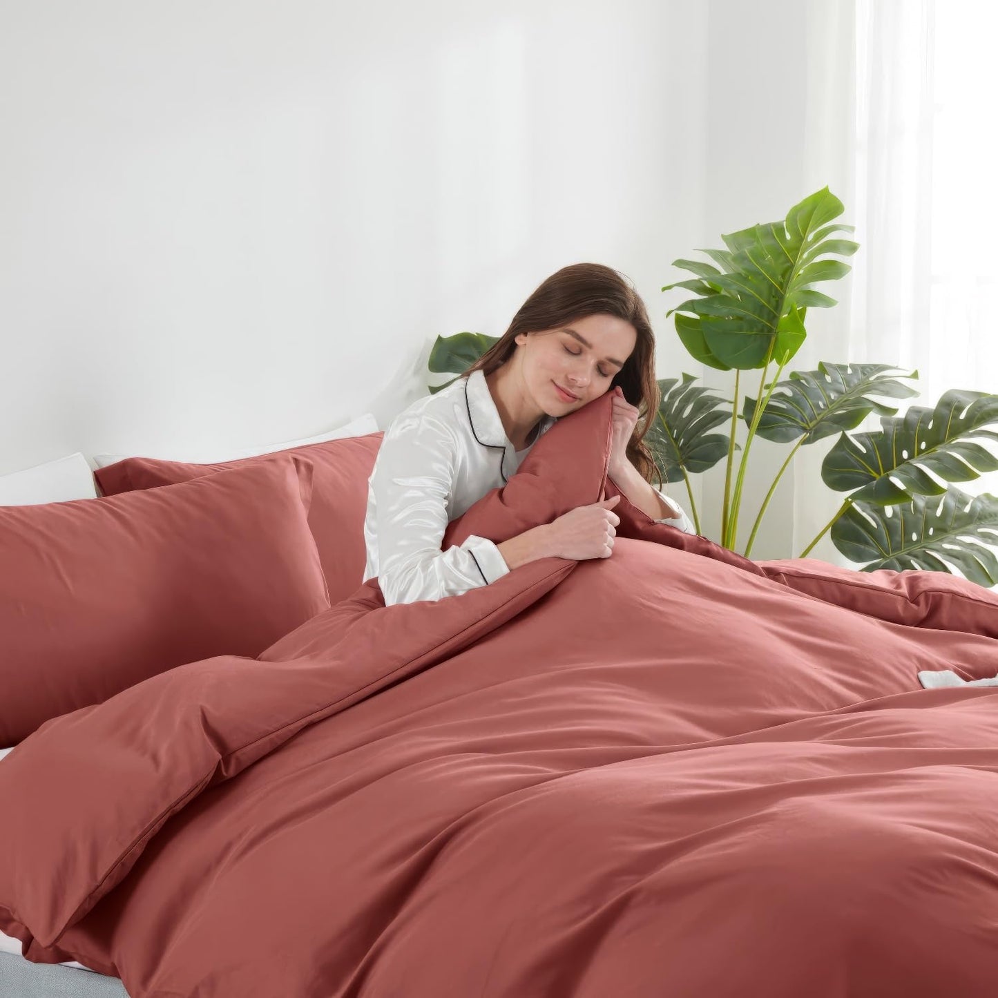 Hearth & Harbor Queen Size Duvet Cover & Bed Sheet Set Pink Clay, 7 Piece Soft Double Brushed Bedding Set, Includes Duvet Cover, Flat Sheet, Fitted Sheet, Pillowcases and Pillow Shams