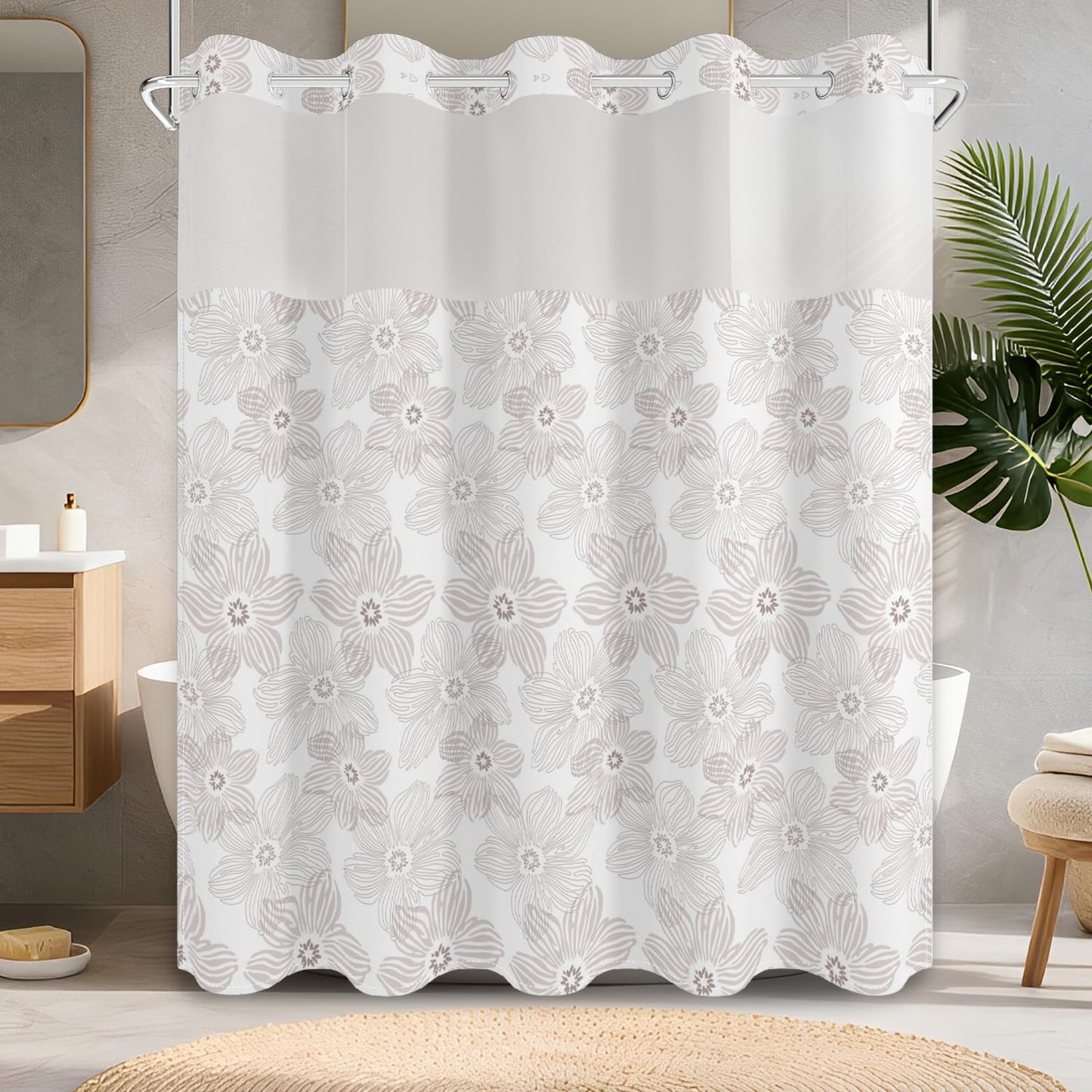 No Hook Shower Curtain with Snap in Fabric Liner Set, Waterproof & Washable, Boho Soft Tan Paisley Floral Shower Curtains for Bathroom, Elegant Neutral Modern Hotel Flower Bathroom Curtain, 71x74 inch