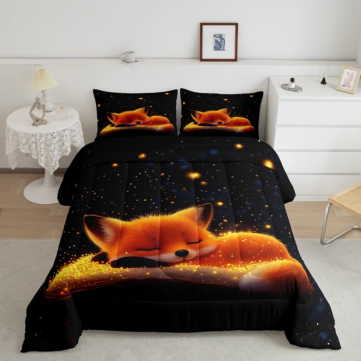 Feelyou Cute Fox Comforter Set Twin Size Kids Galaxy Fox Bedding Set for Boys Girls Teens Universe Animal Comforter Breathable Woodland Fox Duvet Set Glitter Wildlife Quilt Set