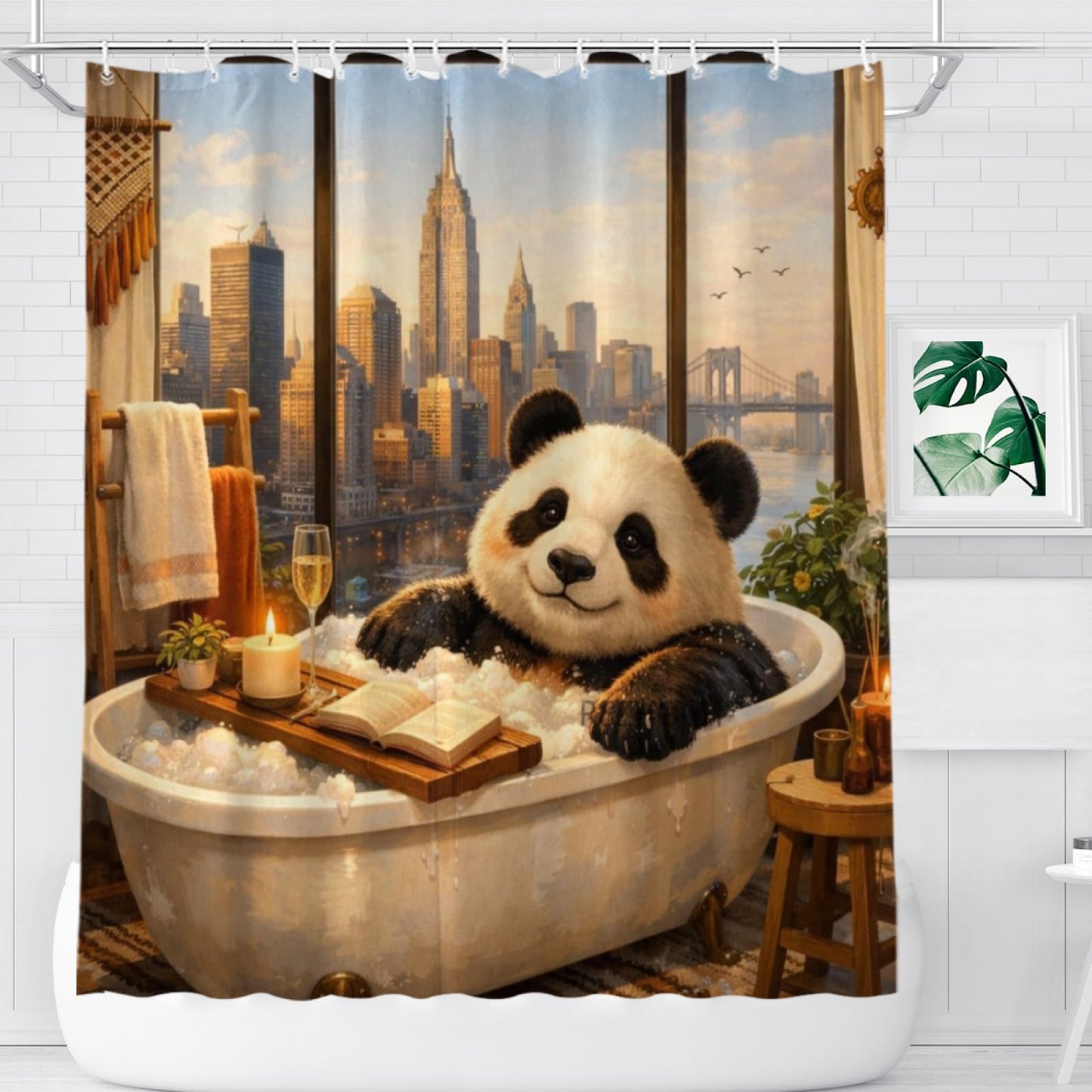 REZHOCH Funny Panda Boho Shower Curtain 72x72 Inch,Cute Animal Bathtub City Skyline Bathroom Decor Waterproof Fabric Urban Window View Modern Apartment Bath Set with Hooks