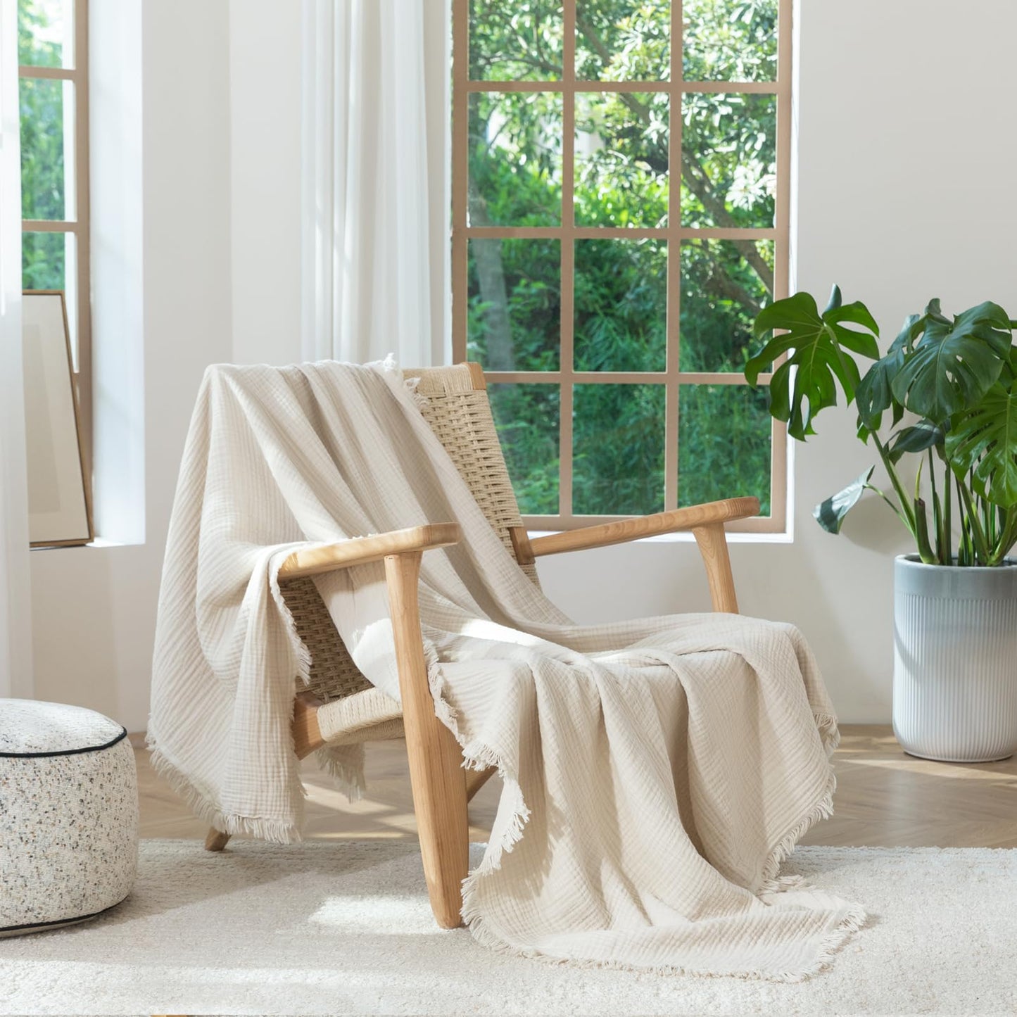 MooMee Muslin Blanket - 100% Cotton 4-Layer Gauze Throw Blanket with All-Around Fringe, Soft Breathable Lightweight Cooling Summer Blankets for Bed Couch (Beige,Queen 90" x 90")