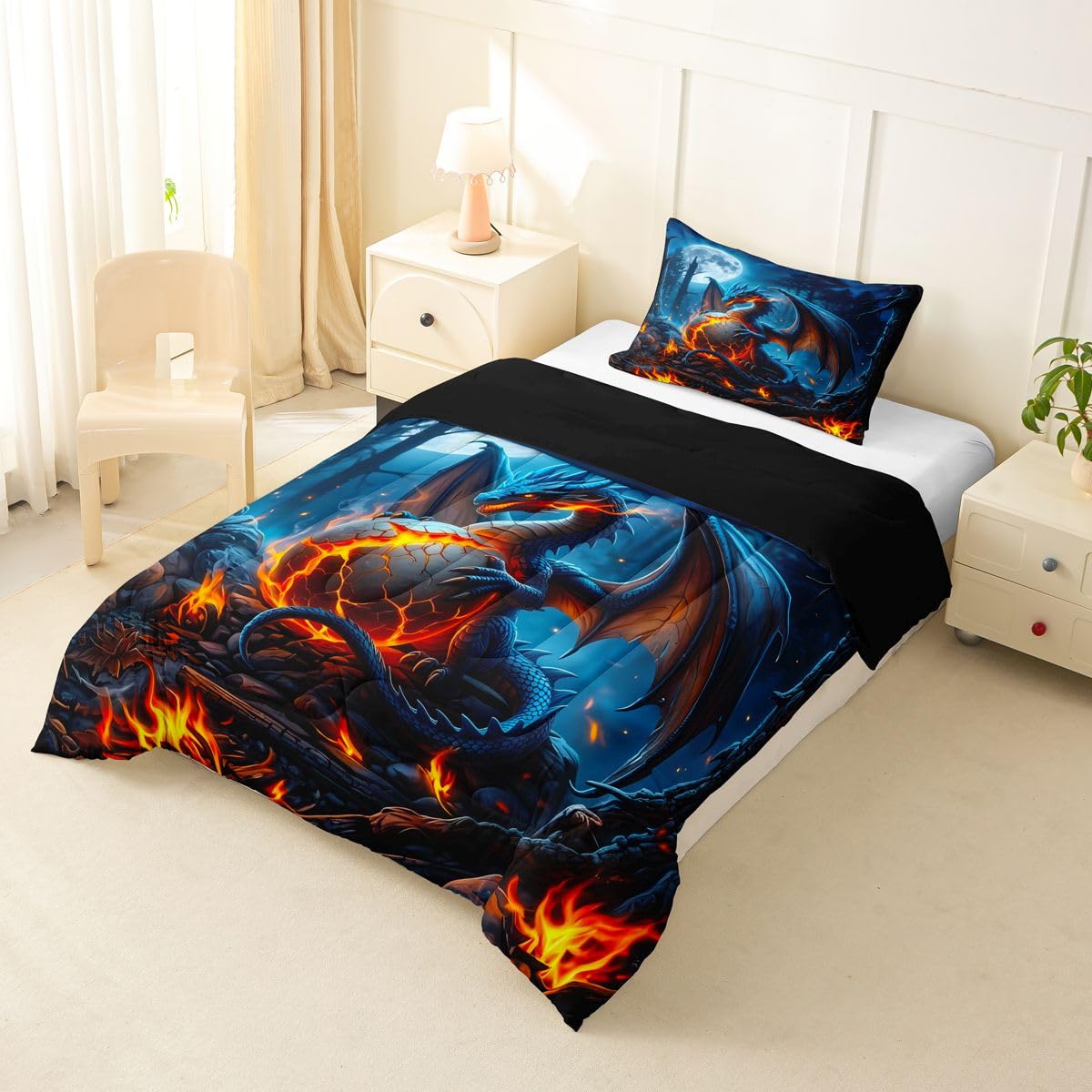 Feelyou Blue Black Dragon Bedding Set Soft for Boys Girls, Wild Animal Comforter Set Twin Size Mysterious Dragon Egg Duvet Quilt Microfiber Gothic Magic Bedroom Decor 2 Pcs with 1 Pillow Cases