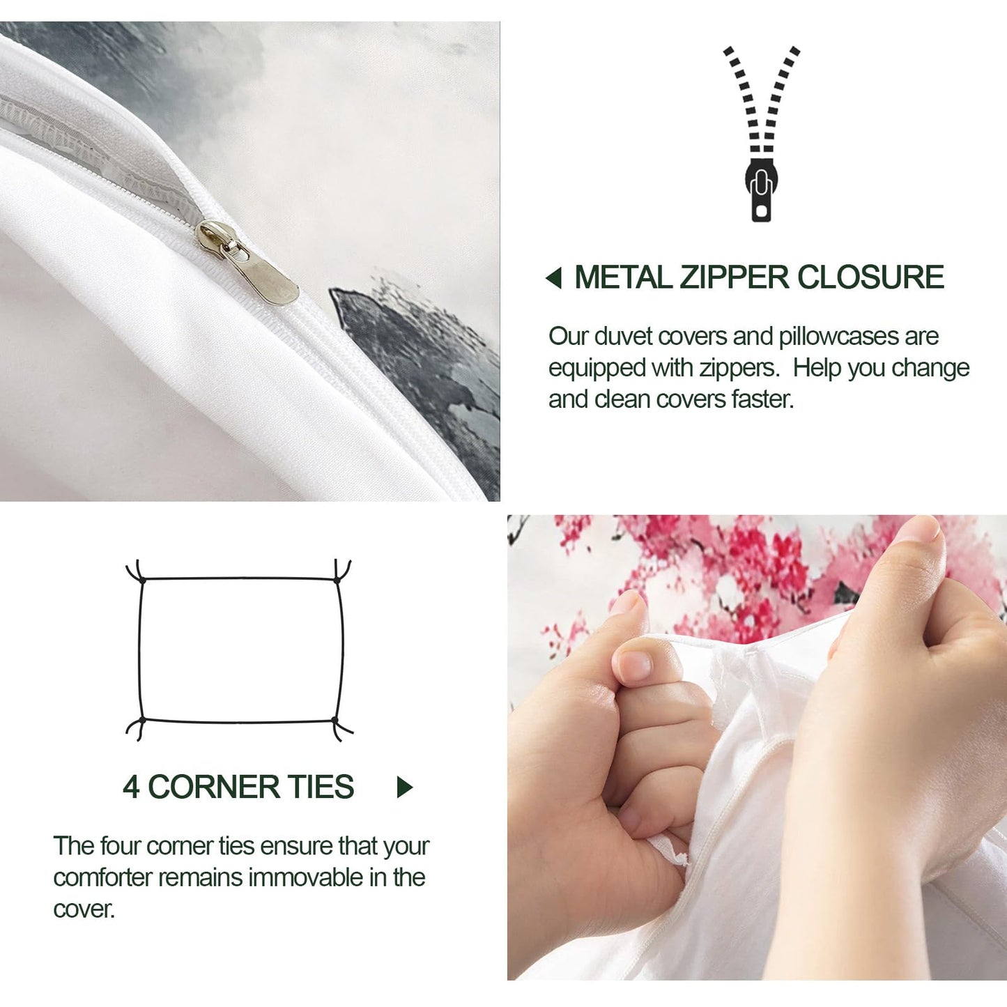 GKPLY Cherry Blossom Duvet Cover King, Mountain Bedding & Bedroom Decor, Traditional Floral Comforter, Zipper Closure, Misty Landscape Duvet Cover & 2 Pillowcases, Reversible Print