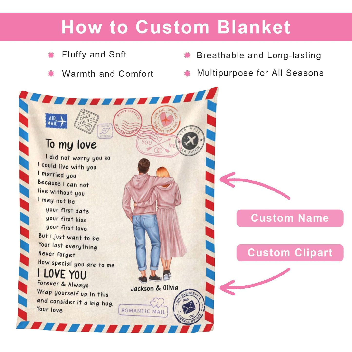 BHSHOH Personalized Couple Blanket for Girlfriend Boyfriend Love Letter Custom Anniversary Blanket Gifts for Husband Wife Wedding Valentine’s Day Gifts Man Woman Throw (02)