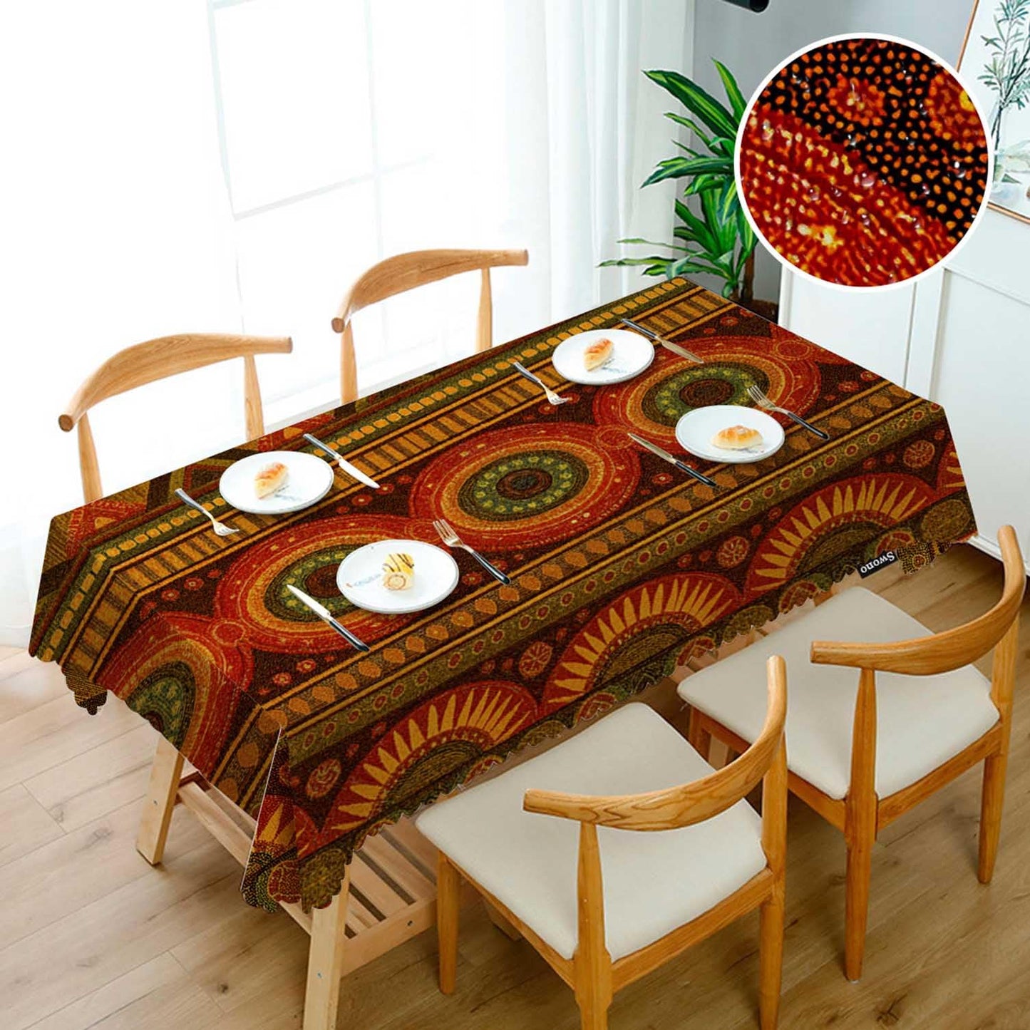 Swono Tribal Pattern Table Cover Ethnic Geometric African Stripes Red 50x72 Inch Table Cloth for Rectangle Tables Buffet Parties Coffee BBQ and Dinning Tablecloth