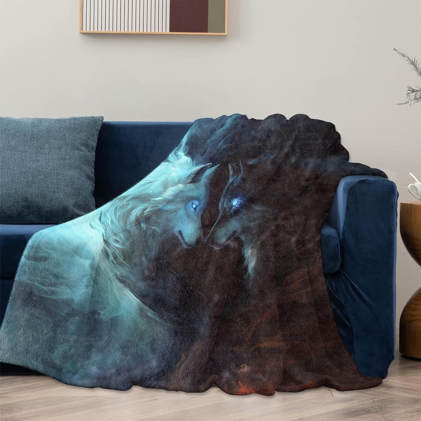 Wolf Fire and Ice Throw Blanket Gifts for Kids Women, Soft Warm Fantasy Wolf Flannel Blankets for Living Room Sofa Home Bedroom Decor 50" x 60"