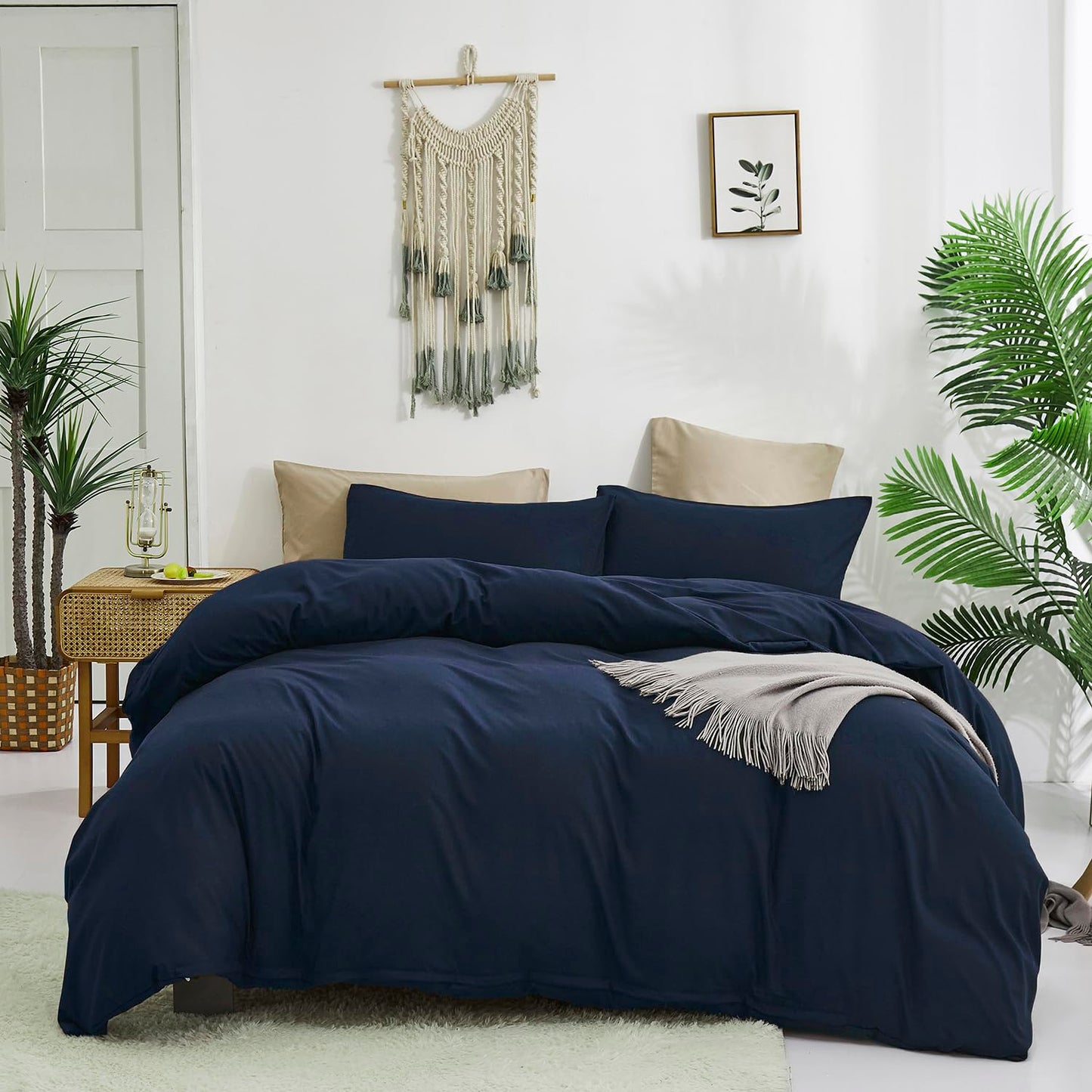 KAREVER Navy Blue Comforter Queen Bedding Set Women Soft Dark Navy Bedding Comforter Set Men Breathable Durable Bed Set