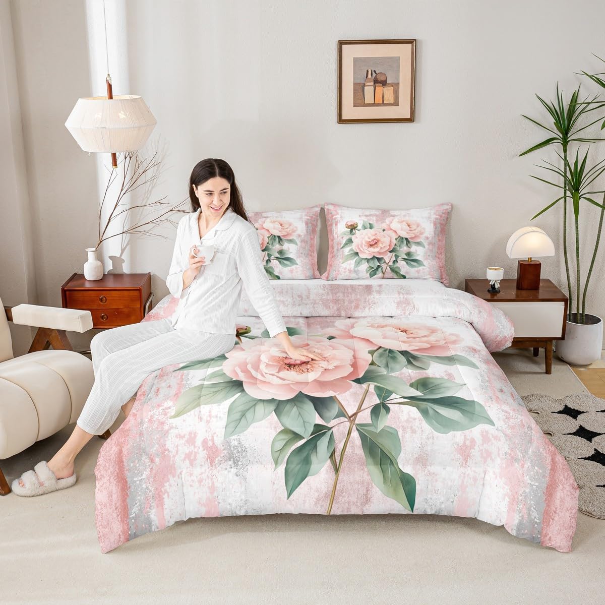Erosebridal Pink Peony Flower Queen Comforter Set Spring Blossom Bedding Set Abstract Oil Painting Bed Set Watercolor Floral Rustic Farmhouse Quilt Set Ombre Pink Grey Design for Adults