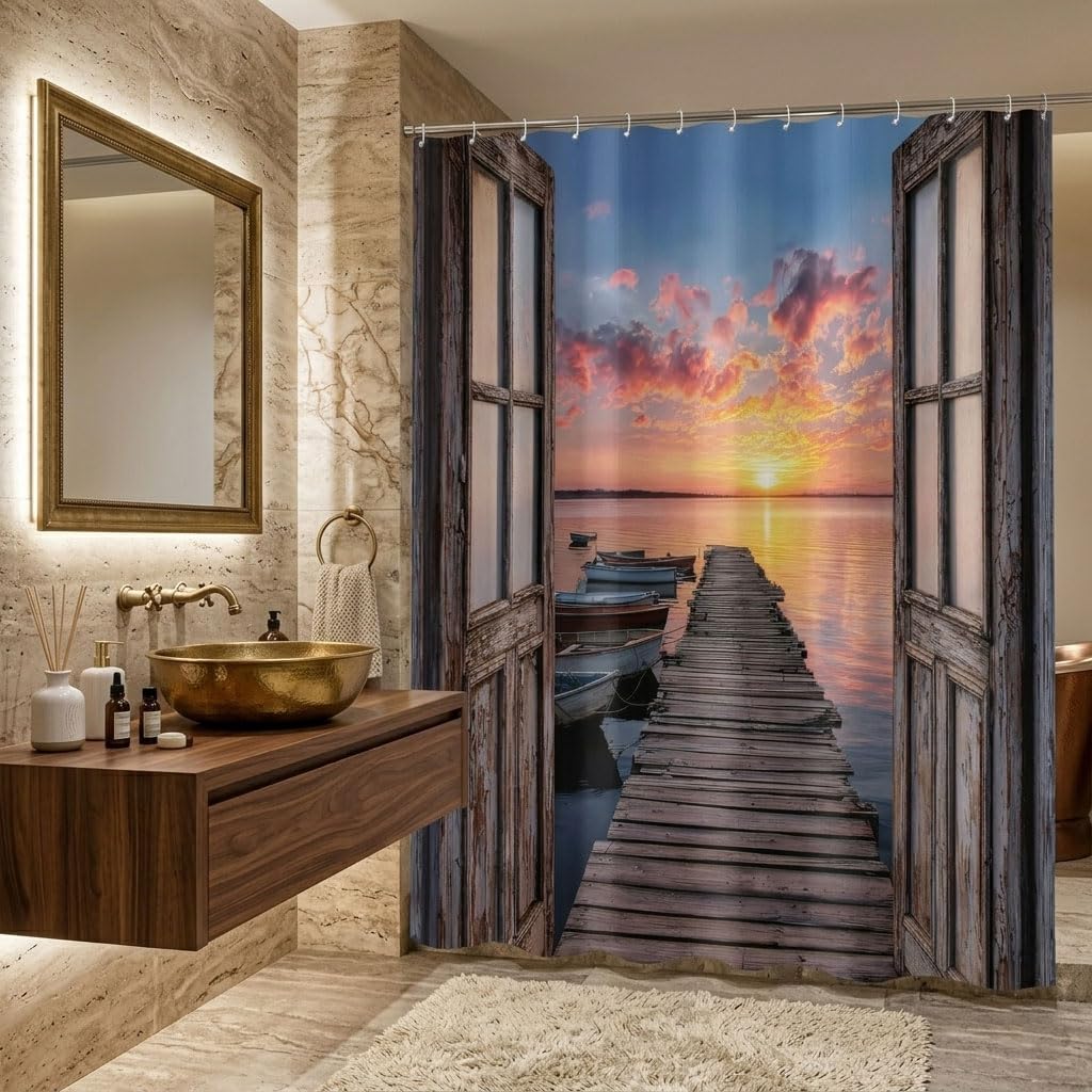 Coastal Beach Barn Door Shower Curtain, Nautical Ocean Seashore Sunset Decorative Waterproof Fabric Shower Curtain for Bathroom, Seaside Sunrise Pier Seascape Rustic Bath Curtain Set with Hooks72x72in