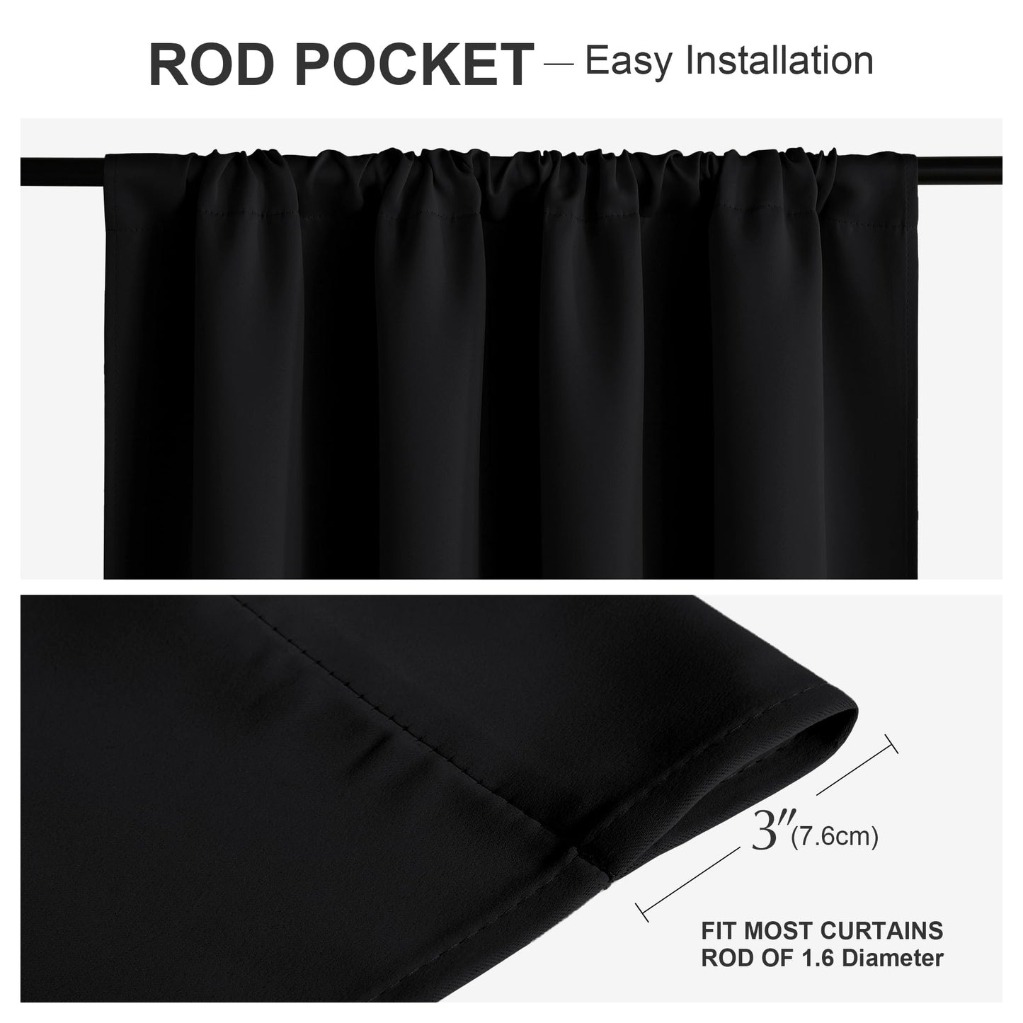 PONY DANCE Black Curtains 84 inches Long for Bedroom, Blackout Window Curtain Rod Pocket Thermal Insulated Room Darkening Drapes Energy Saving for Living Room, W 52 x L 84 inches, 2 Panels Set
