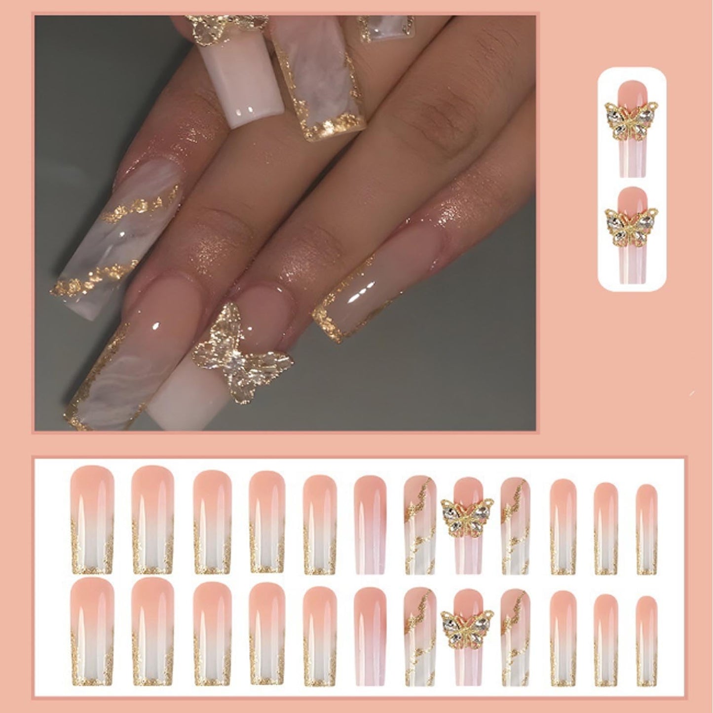 Hkanlre Long Press on Nails Marble Tips Full Cover Butterfly False Nails Square Fake Gold Nails French for Women 24PCS