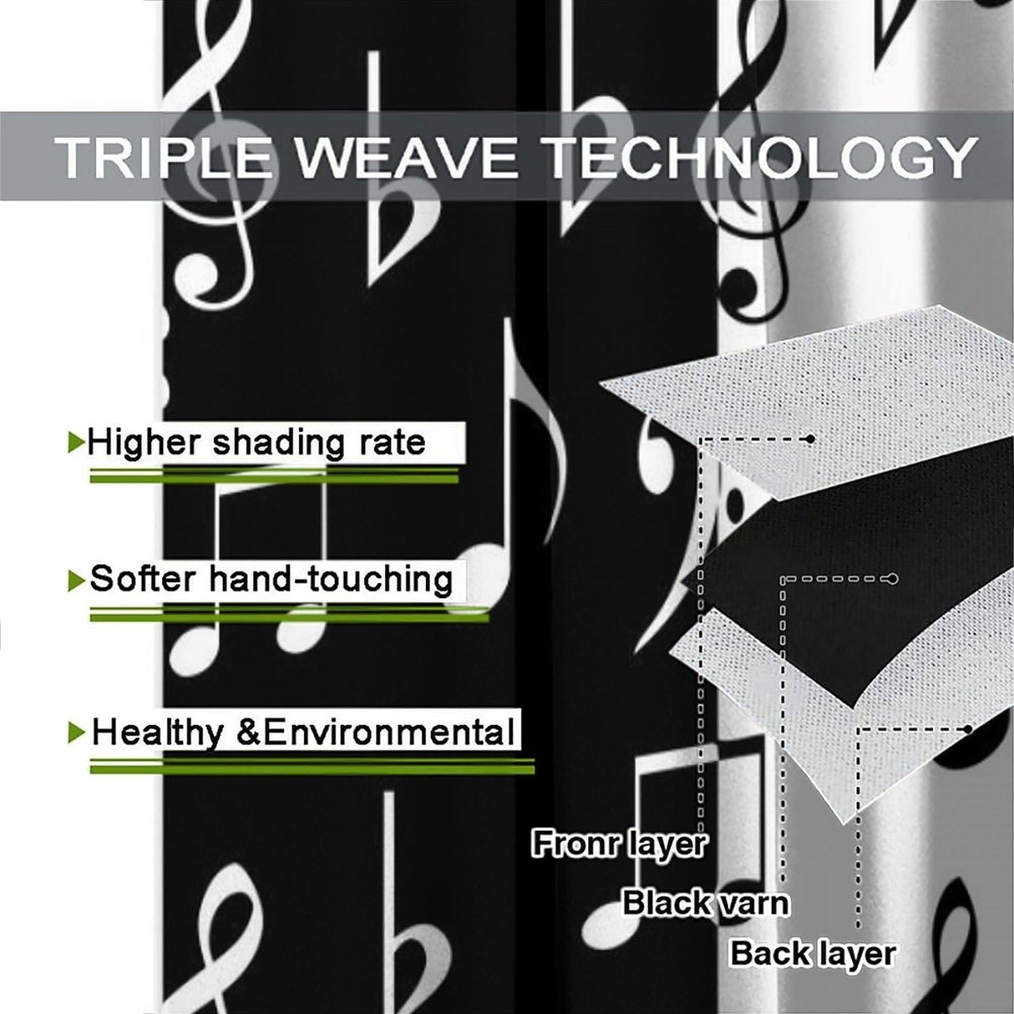 HZOHNAGO Music Curtain Black and White Music Notes Pattern Blackout Print Rod Pocket Window Drapes for Bedroom Living Room 42x45in