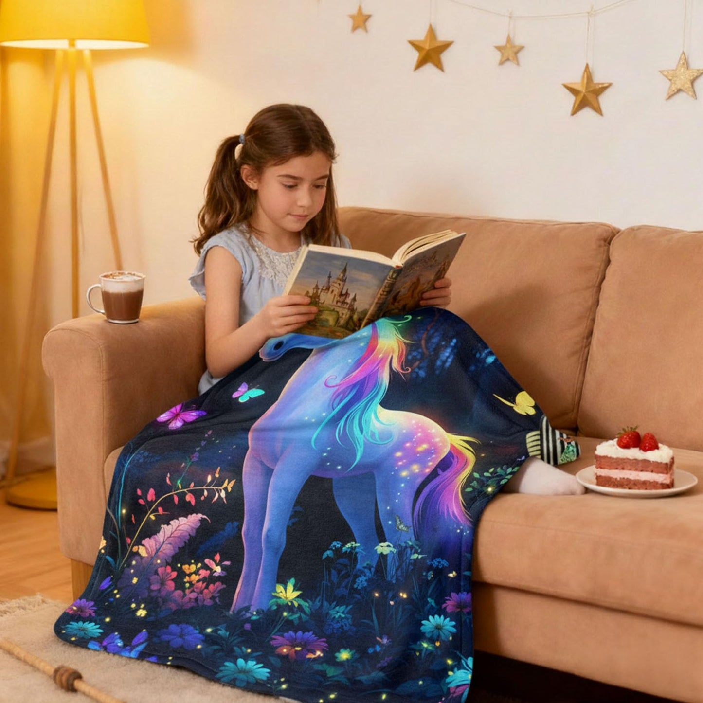 kampdream Unicorn Flannel Blanket, Enchanted Forest Dream with Rainbow Mane and Tail Butterfly Surrounded Super Soft and Warm for Couch Sofa Living Room Ideal Gift for Girls Teens 50×60 inch
