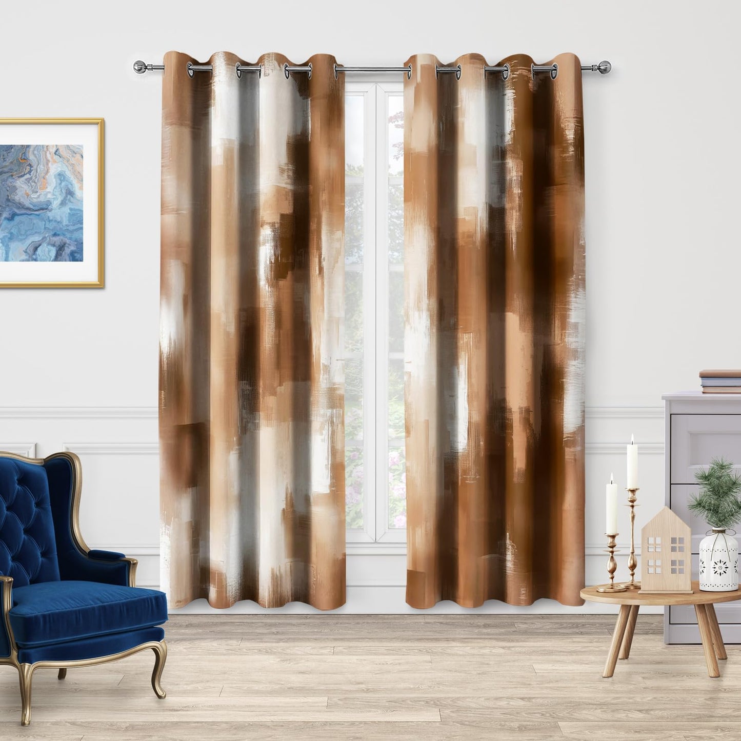 Jekeno Brown White Abstract Oil Painting Blackout Curtains 84 Inch Length Modern Brushstroke Art Window Drapes for Bedroom Living Room Farmhouse Cabin 2 Panels (52x84 Inch)