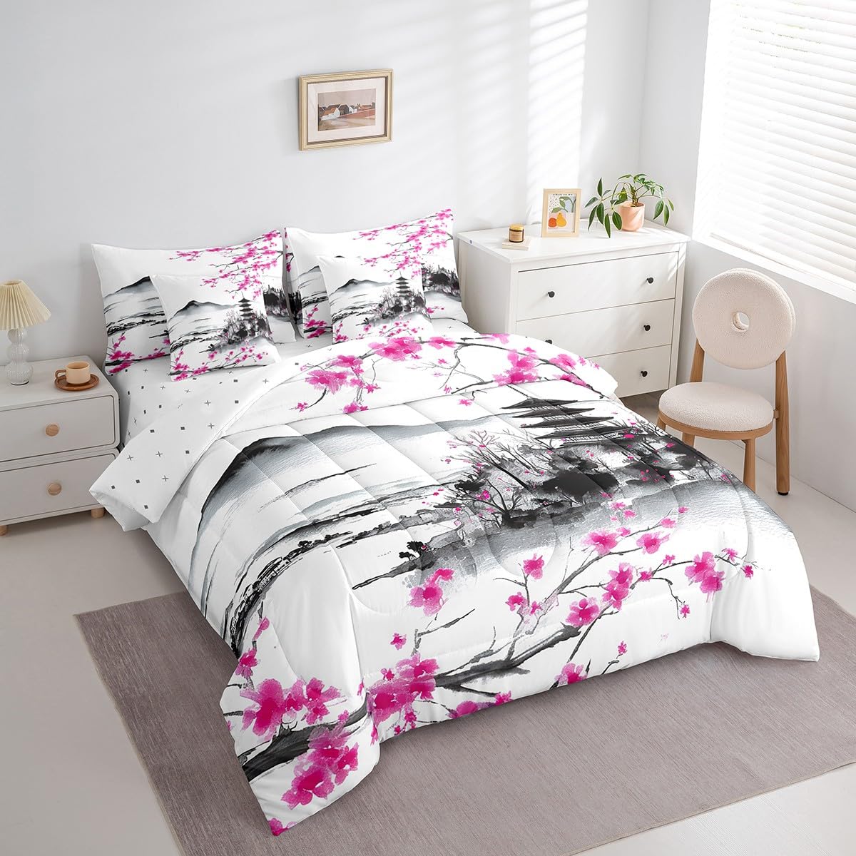 jejeloiu Japanese Comforter Set 7 Pieces Full Size Kids Cherry Flower Bed in a Bag for Boys Girls Ink Painting Bedding Set Traditional,Comforter + Sheets + Pillowcases + Cushion Covers
