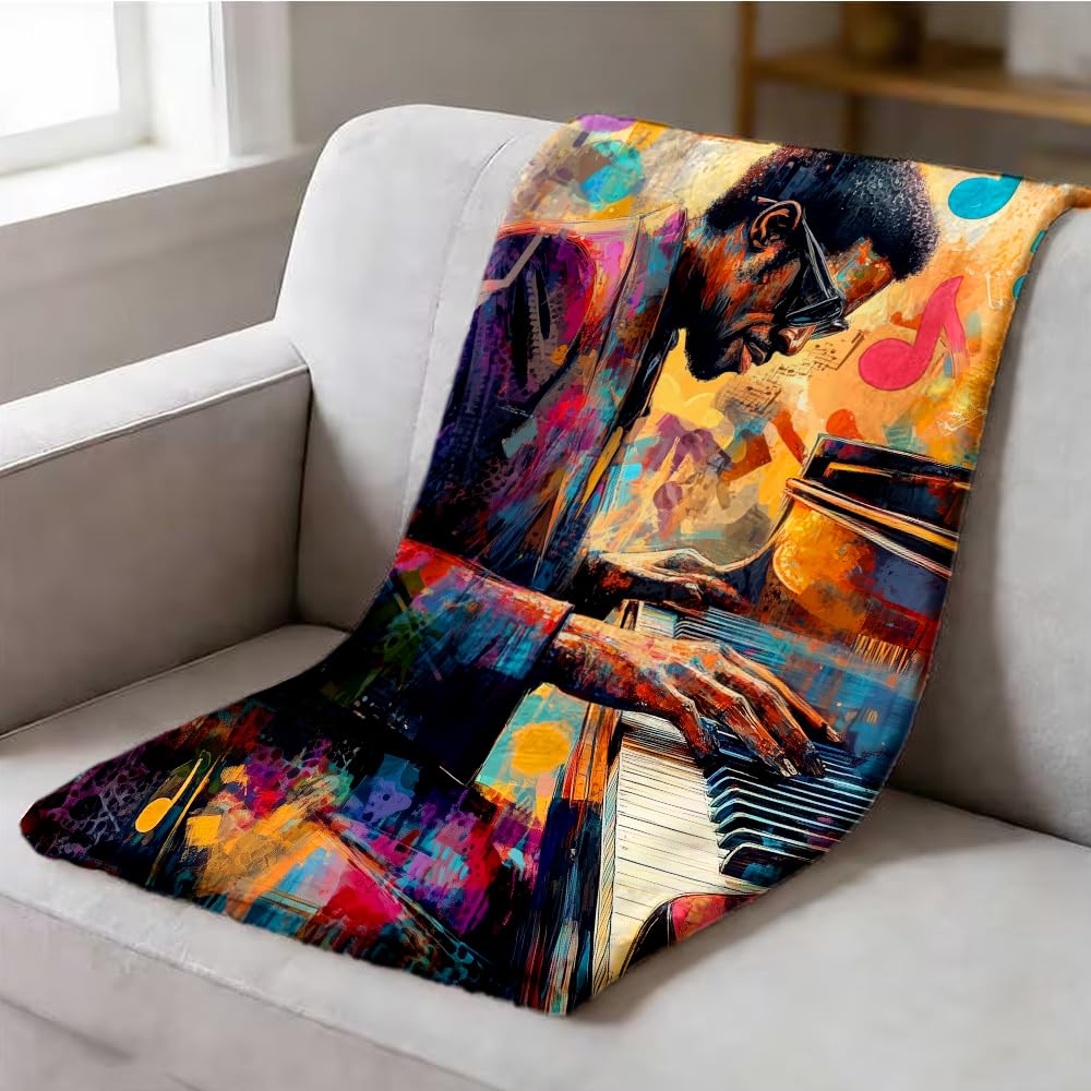 ZHOUSHUTONG African American Music Throw Blanket Black Music Print Super Soft Warm Cozy Flannel Blanket for Couch Bedroom Office Home Decor Gift for Music Lovers 49"x59"