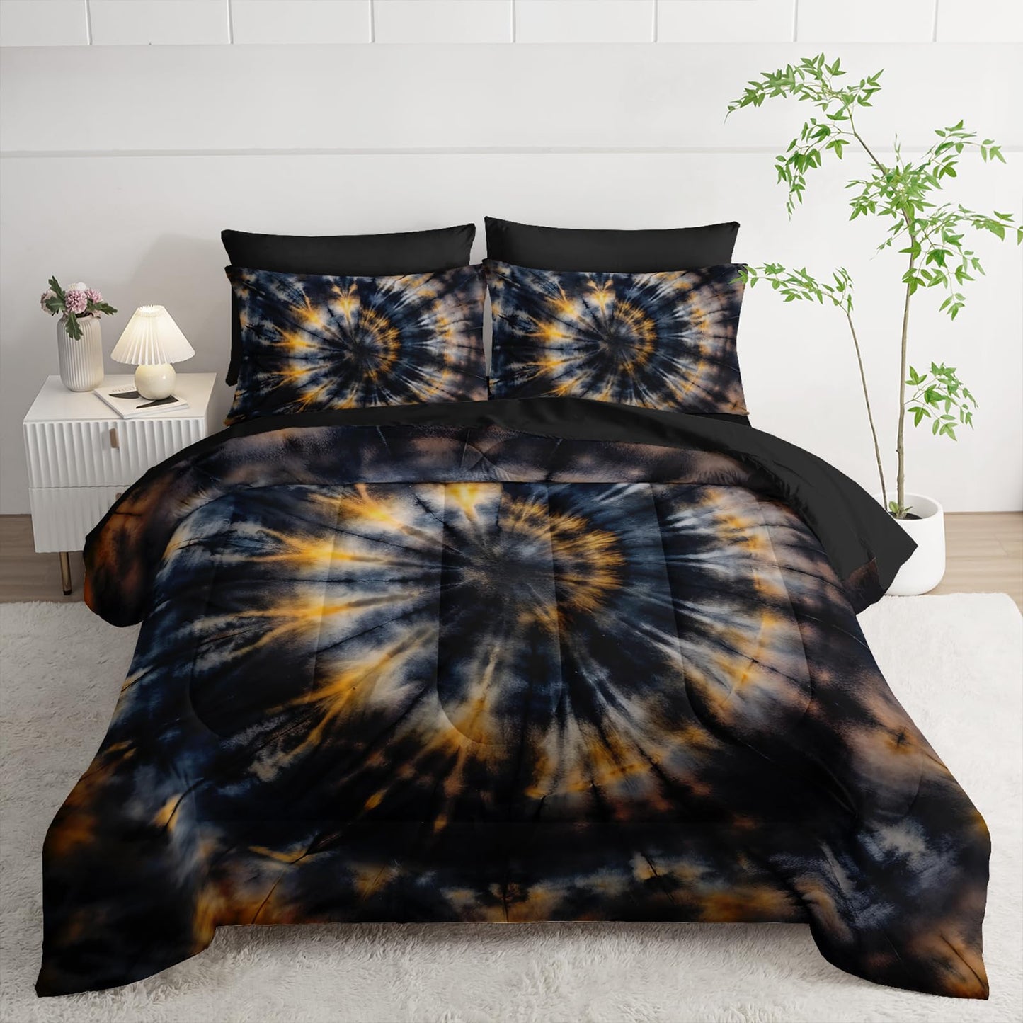 Nttopship Dark Tie Dye Comforter Set Full Bedding Sets 7PCS,Abstract 7 Piece in A Bag Tie Dye Bedding Set 7 Piece in A Bag,Bed Sheet Set Yellow Fission Graffiti Microfiber Lightweight All Season