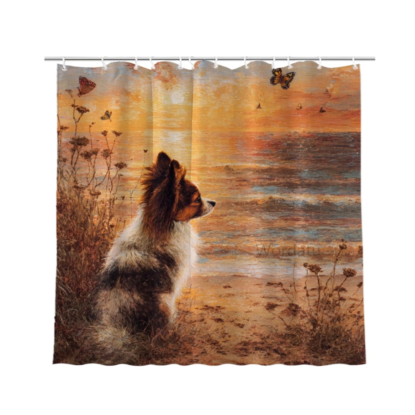 Wordatu Papillon Shower Curtain on Sunset Sunrise Beach Seascape Art Shower Curtain Set, Nautical Ocean Bath Accessories Coastal Seaside Bathroom Decor 72x72 Inches