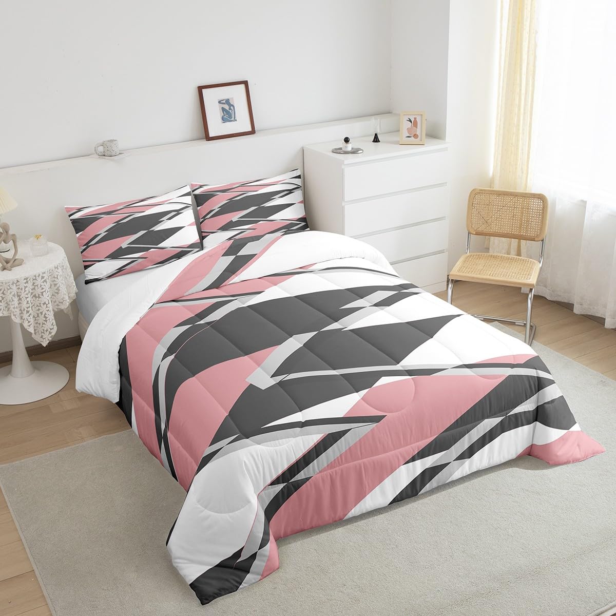 Feelyou Diamond Geometric Bedding Set Geometric Comforter Set for Kids Boys Girls Teens Decor Buffalo Check Pink Grey White Comforter Grid Plaid Modern Art Duvet Set Queen Size Quilt Set 3Pcs
