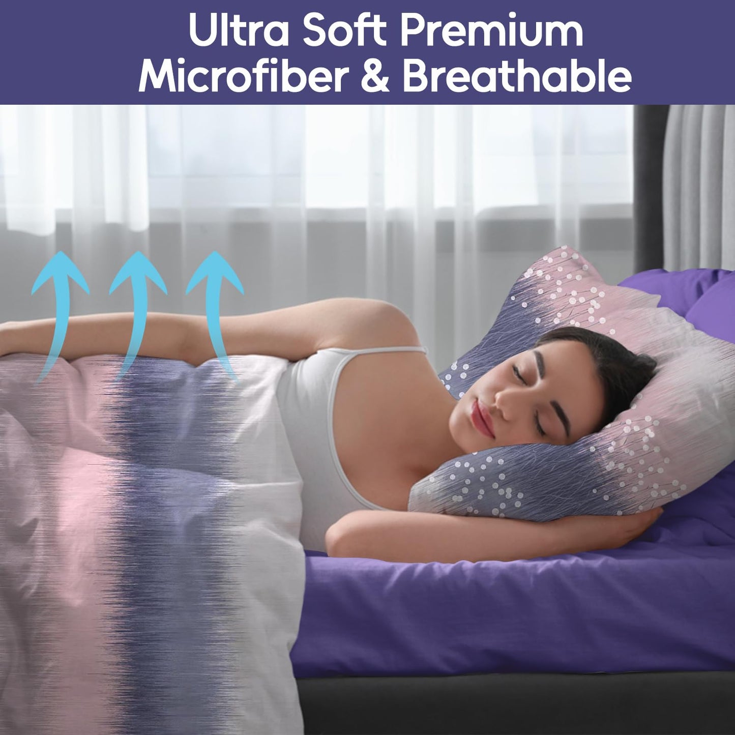 LONAVA Patchwork King Size 6 Pcs Sheet Set, Breathable Microfiber Deep Pocket Purple Fitted Sheets, Comfy & Breathable Patterned Flat Sheets,4 Gentle Soft Pillowcases, Purple Blossom