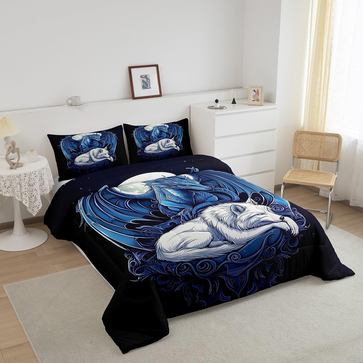 Erosebridal Dragon Comforter Set Full Size for Boys, Wolf Animals Bedding Set, Tribal Exotic Wildlife Down Comforter for Boys Adult Men Room, Moon Starry Sky Quilt, Black Blue