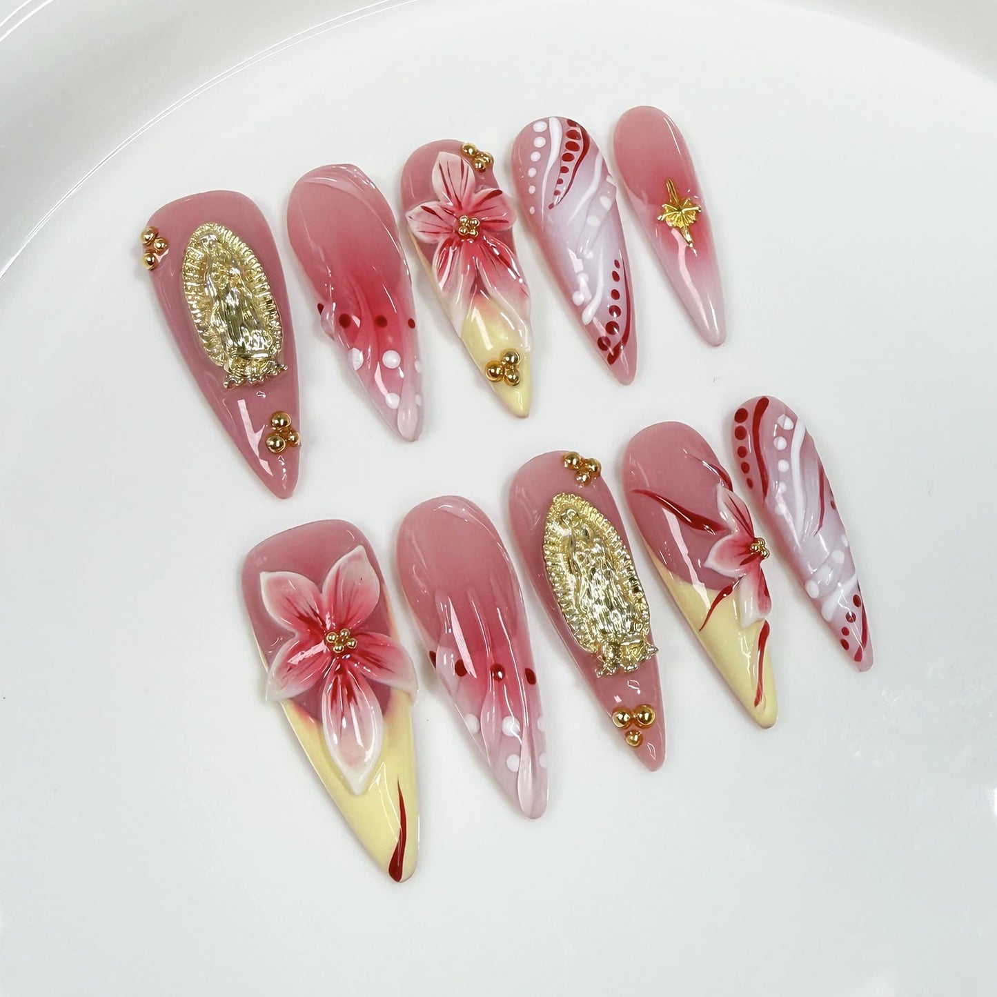 Long Press on Nails Handmade Almond Fake Nails French Tip False Nails 3D Flower Art Designs Acrylic Nails Press Ons Sparkly Reusable Glue on Nail for Women 10Pcs Nail Decorations (Size M)