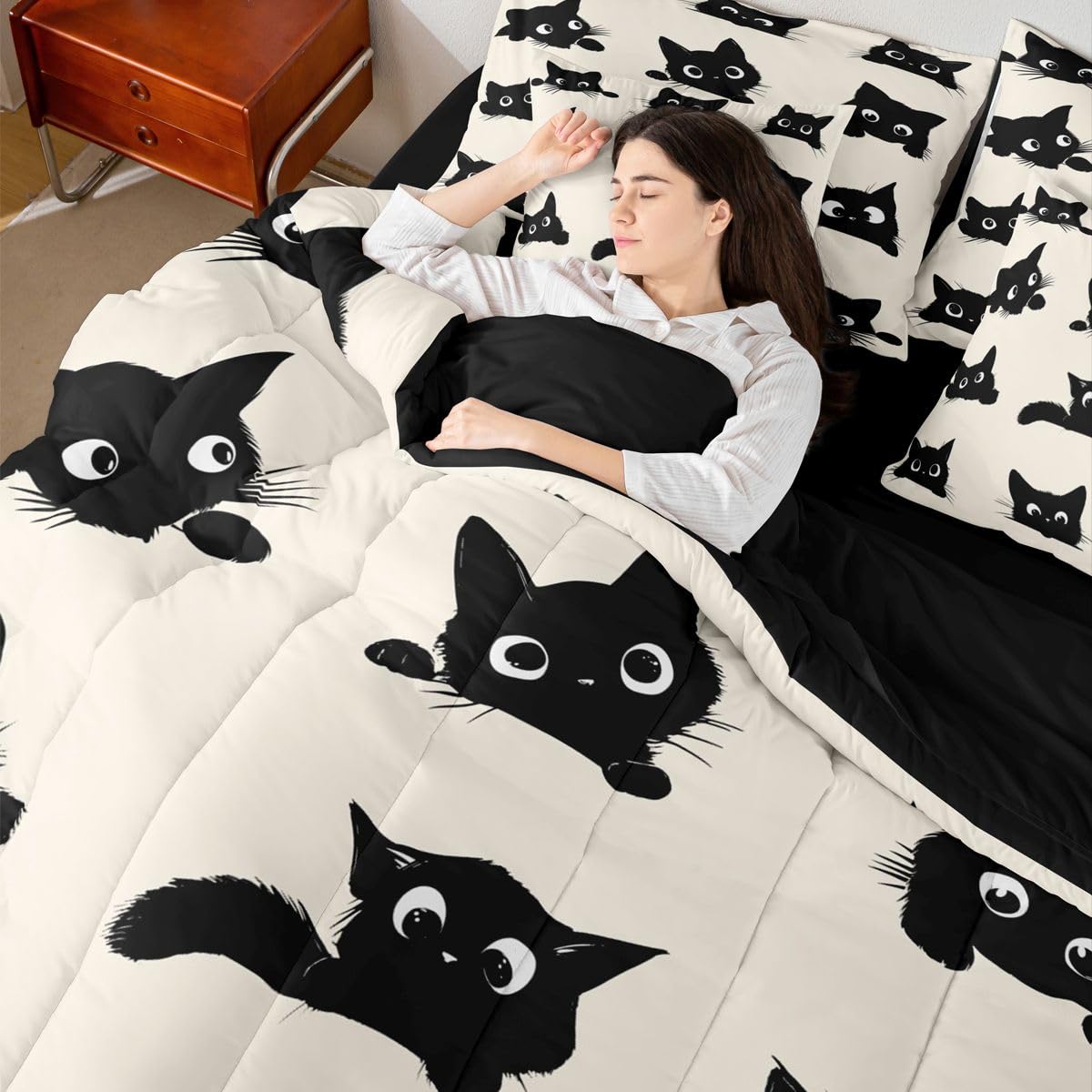 Erosebridal Cute Cat 7-Piece Bedding Set Full Size for Kids Boys Girls (Black and Beige) - Funny Black Cats Bed in a Bag Cartoon Kitten Animal Comforter Set with Sheets Cute Cat Duvet Insert