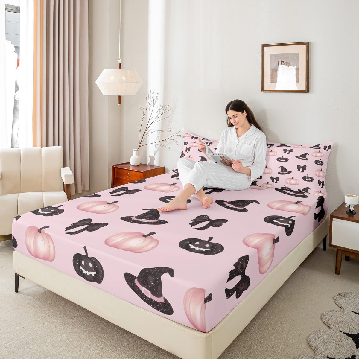 Feelyou Pink Halloween Fitted Sheet Full Size for Kids Boys Girls Black Bowknot Bed Sheets Set 16" Deep Pocket Microfiber Halloween Decor Bedding with 2 Pillowcases Trick or Treat Room Decor