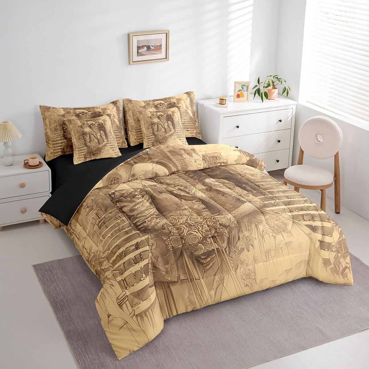 Erosebridal Sugar Skull Comforter Set King,Romantic Skeleton Couple Quilt,Trippy Skull Bones Bed in a Bag