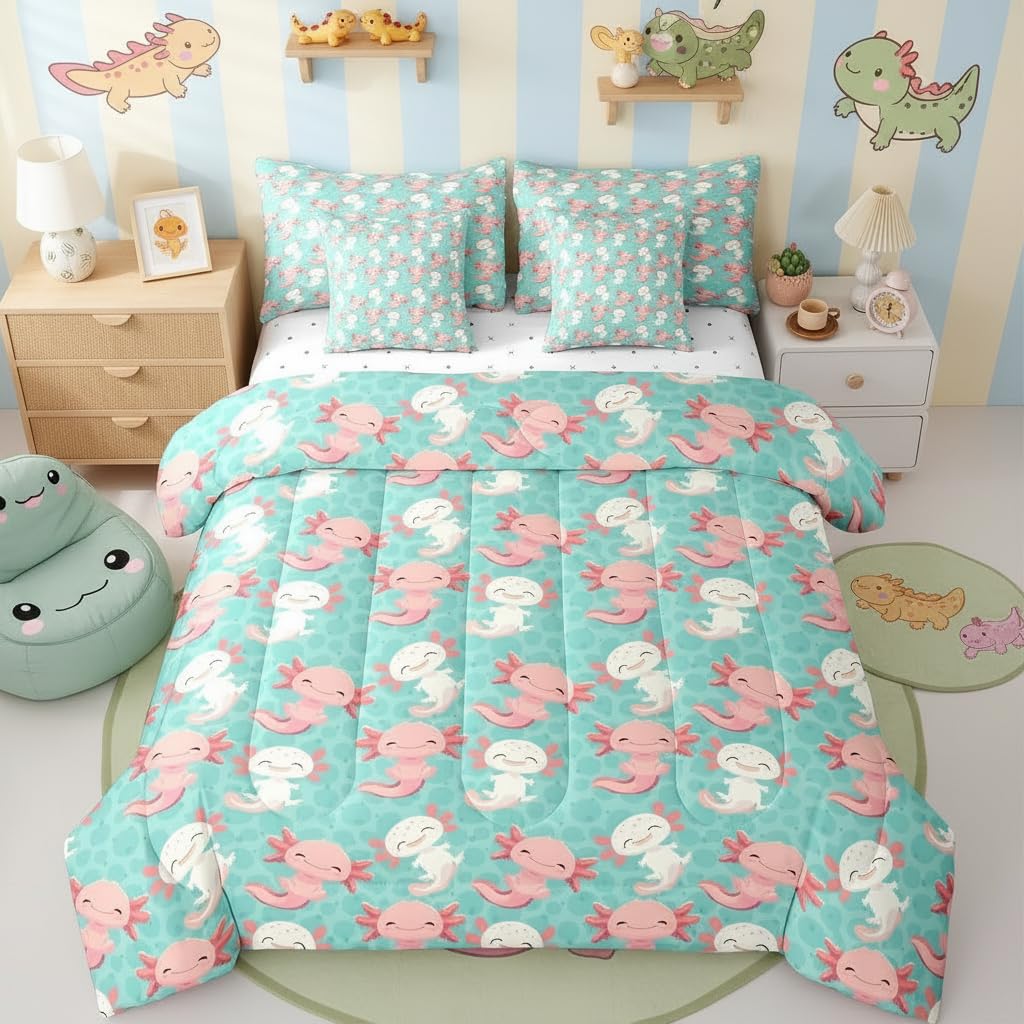 Erosebridal Cute Axolotl 7 Piece Bedding Set Twin Salamander Comforter Set with Sheets Kawaii Animal Bed in A Bag Wildlife Pet Bed Sets with 2 Pillowcases, 2 Throw Pillow Covers