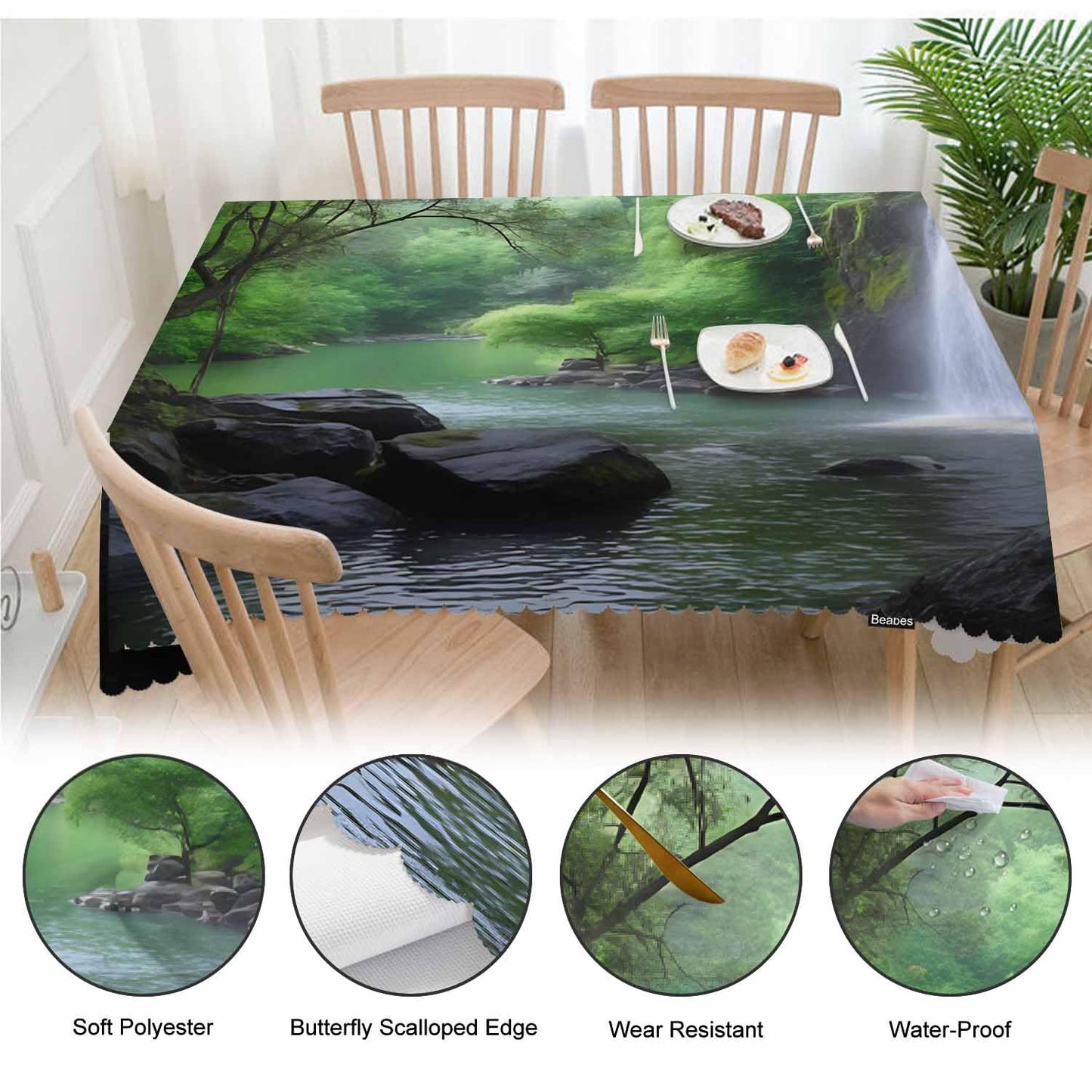 Beabes Waterfall Dinner Tablecloth Table Cover, Tropical Forest Waterfall Cave 52x70 Inch Table Cloth Dust-Proof Table Cover Protector for Home Restaurant Picnic Camping BBQ
