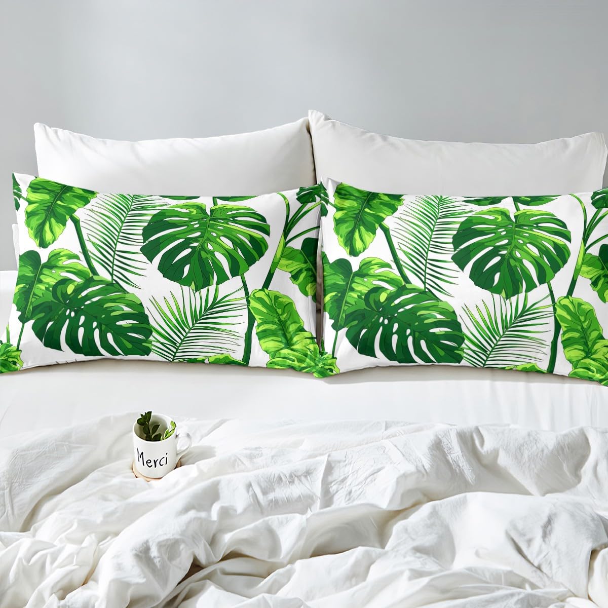 Erosebridal Leaves Duvet Cover Queen Size for Kids Boys Girls,Decorative Luxury Palm Leaf Print Bedding Set Botanical Plant Green Soft Microfiber Tropical Comforter Cover with 2 Pillow Shams, Zipper