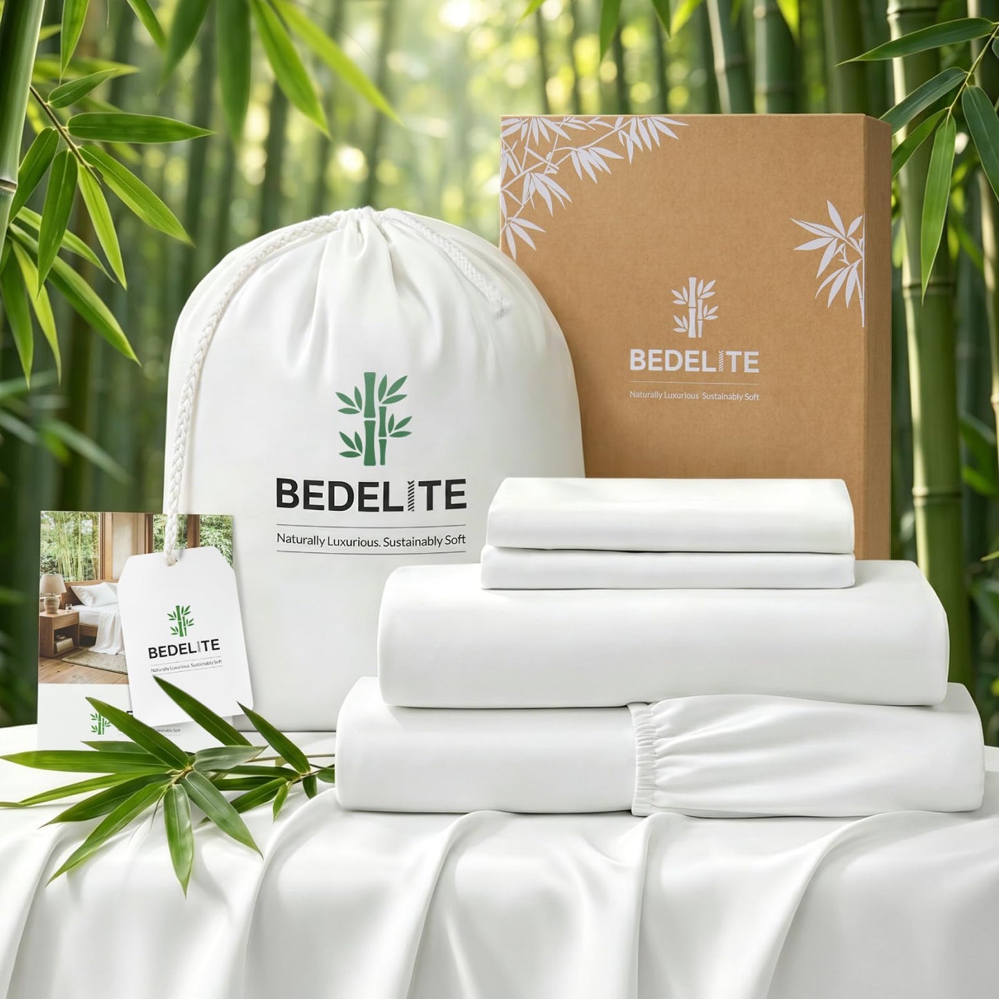 BEDELITE Bamboo Viscose Sheets - 100% Organically Grown, Up to 18" Deep Pocket Queen Sheet Set, All Round Elastic & Corner Straps, Luxury Silky Soft Cooling Sheets for Hot Sleepers, 4 Pieces, White