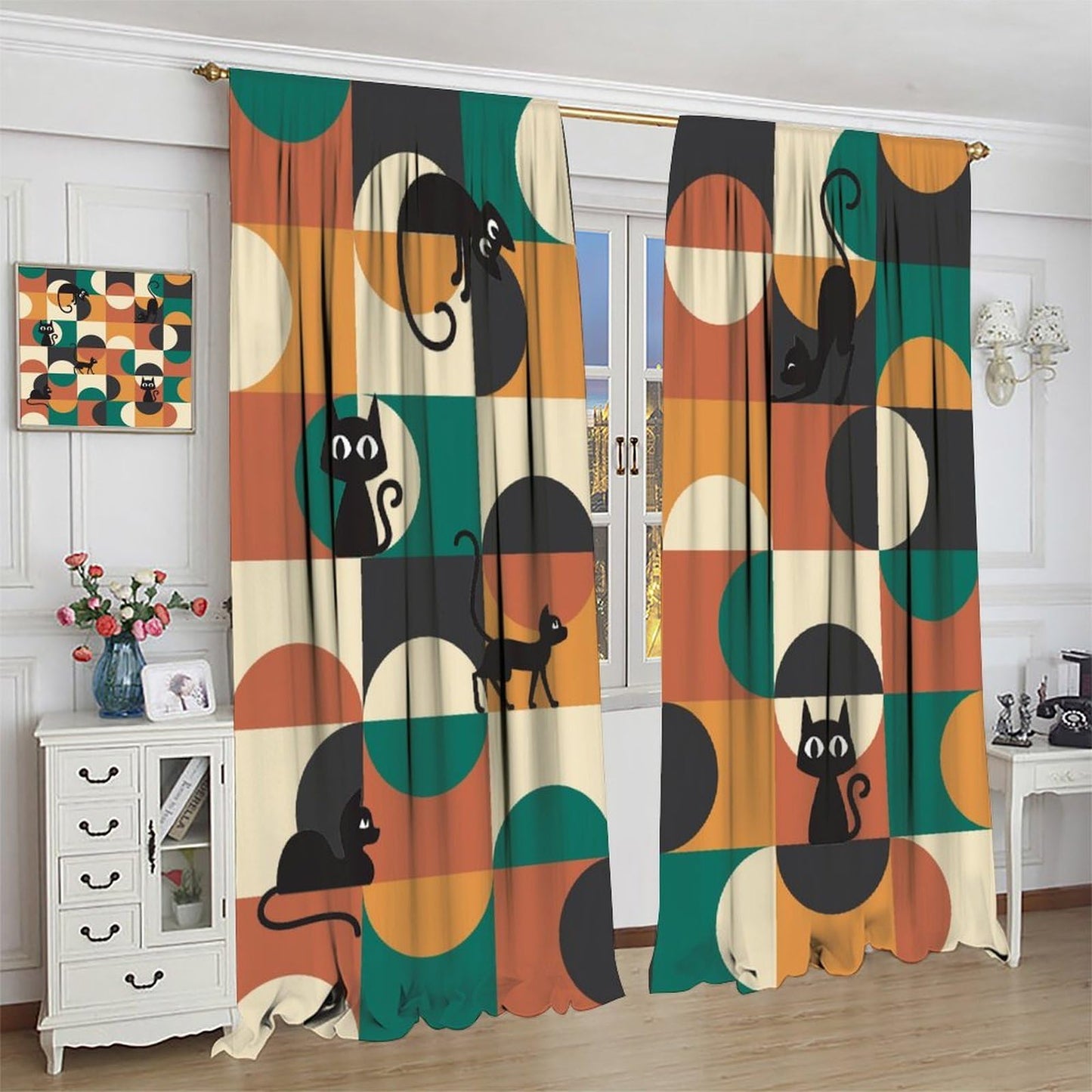 ICMOLYYENLO Mid Century Black Cat Curtains - Modern Abstract Geometric Pattern - Retro Living Room & Kitchen Decor - Blackout 42x45 Inches 2 Panels
