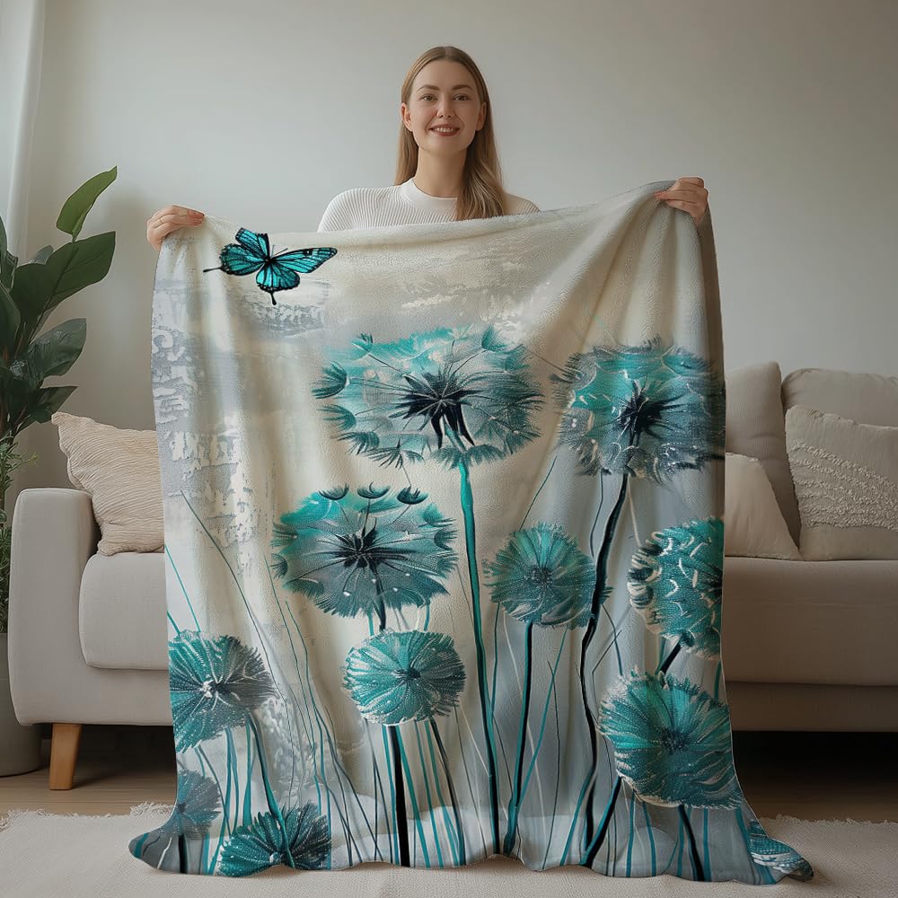 HUNXIAOJ Dandelion Throw Blanket Floral Print Blanket Dandelion Bedding Flower Throw Warm Soft Flannel for Girls Boys Woman Adults Bed Sofa Couch (60 in x 80 in)