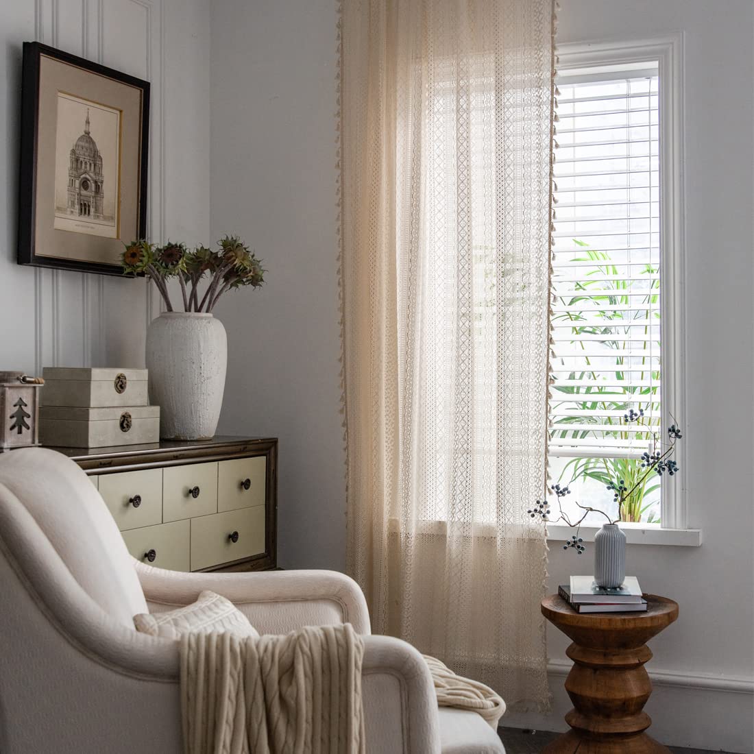 Boho Curtains for Living Room Bedroom, 63 inch Length 2 Panels Set Cotton Linen Semi Sheer Farmhouse Window Curtains with Tassels & Rod Pocket, Beige Lace Crochet Rustic Floral Long Curtain Drapes