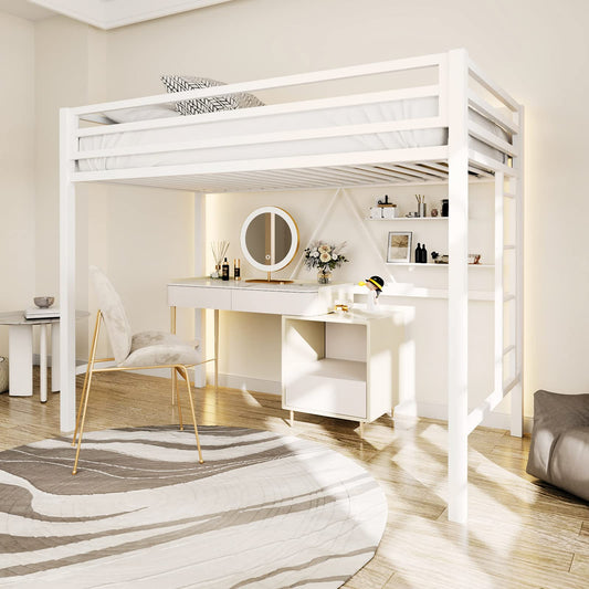 ikalido Metal Loft Bed Twin Size with Safety Guardrail and Ladder, No Box Spring Needed Space Saving Bedroom Furniture,Cream White