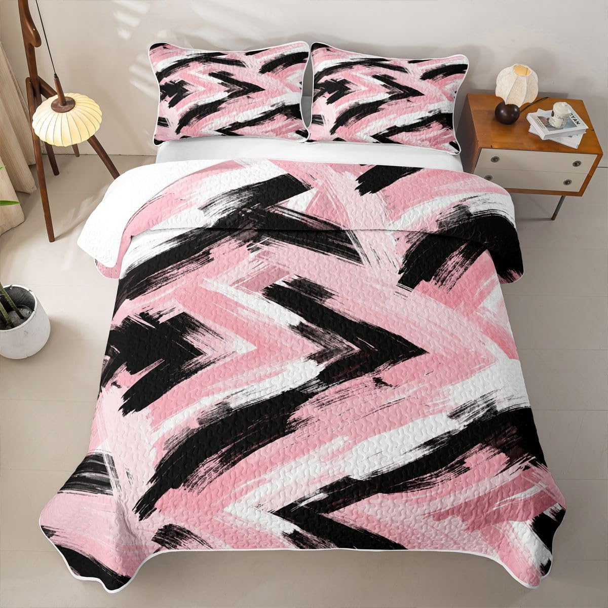 Feelyou Pink Black White Bedding Set Kids Abstract Quilt Sets Queen Size Modern Stripes Bedspread Coverlet for Room Soft Modern with 2 Pillow Case