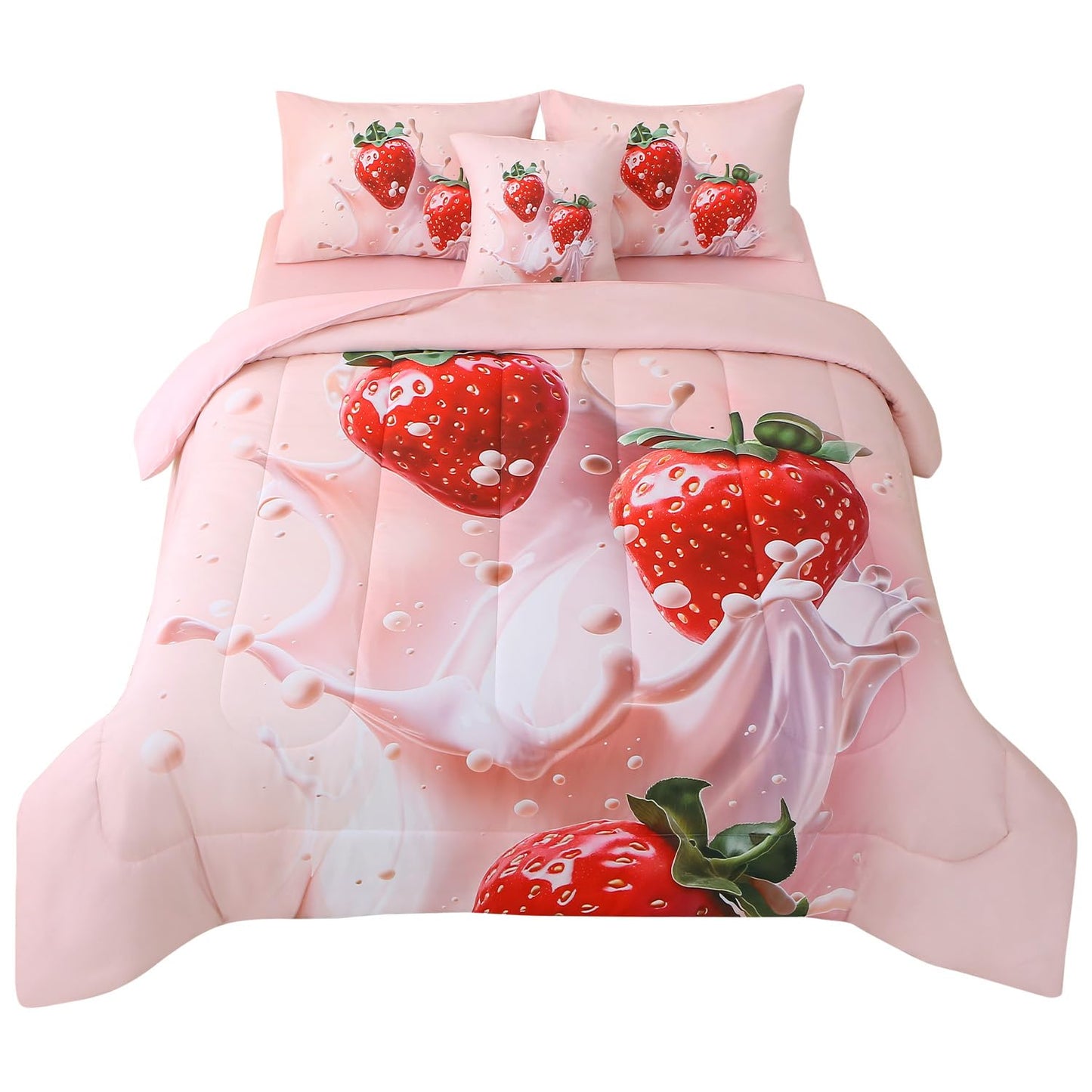 JQinHome Twin Strawberry Comforter Sets for Girls Kids Teens,6 Piece Bed in A Bag - All Season Soft Microfiber Strawberry Bedding Set with Sheet Sets (Pink)