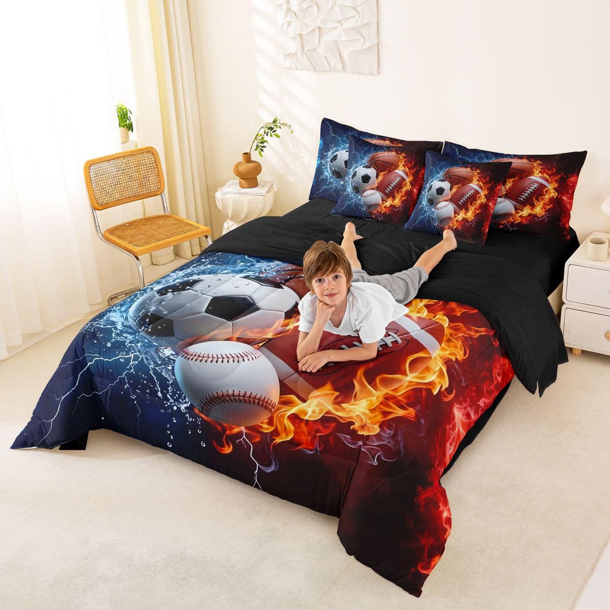 Feelyou Boys Sports Comforter Set with Sheets 7 Piece Twin Size Football Baseball Soccer Bed in a Bag Kids Boys Girls Basketball Bedding Set Ball Game Sports Bedroom Decor Breathable Soft Microfiber