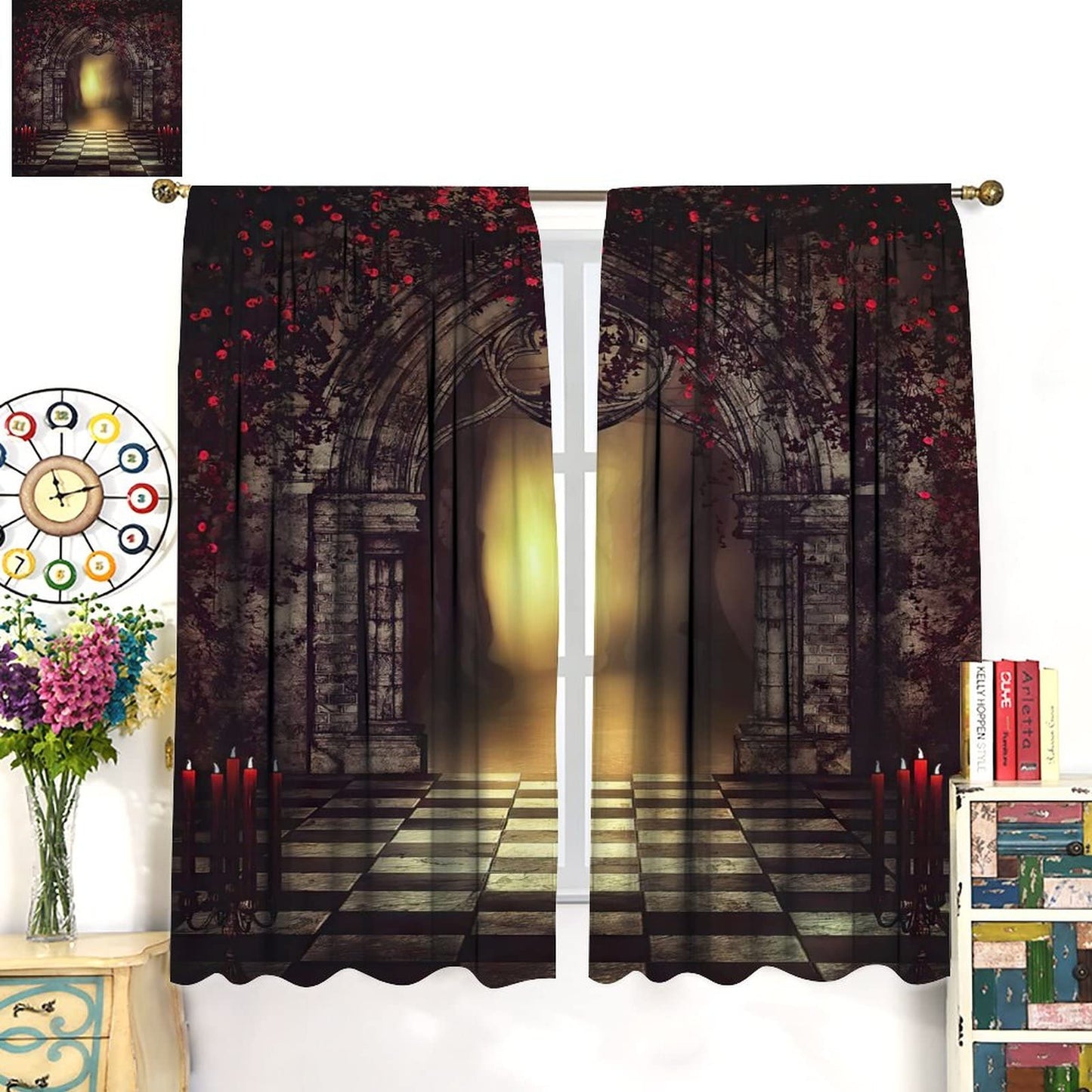 Gothic Blackout Curtains,Red Roses Medieval Castle Old Arch and Candles Thermal Insulated Drapes for Bedroom Living Room Window Curtains W42xL45in