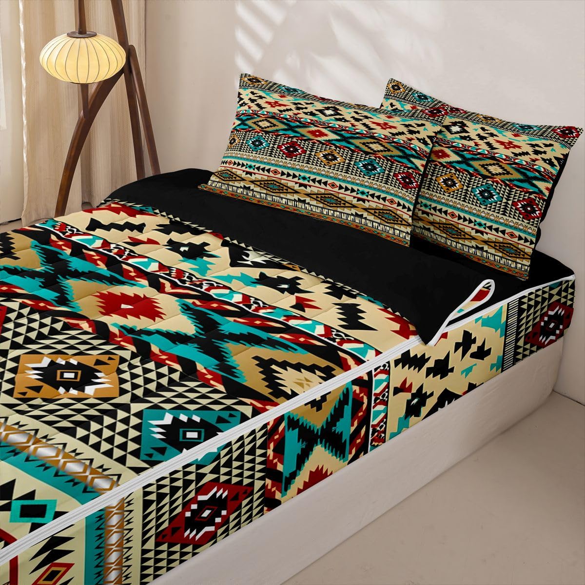Western Geometric Zipper Bedding Queen Boho Western Zip Up Bedding Set for Boys, Bohemian Southwestern Bed in a Bag Vintage Rustic Farmhouse Comforter with Fitted Sheet and 2 Pillowcases Yellow